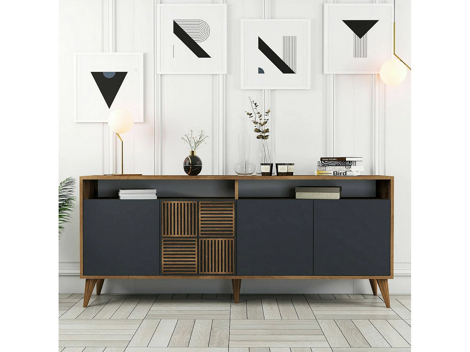 Meuble TV Virgo, Buffet de salon, Armoire basse pour TV, Base murale de rangement, 180x35 h79 cm, Noyer et Anthracite