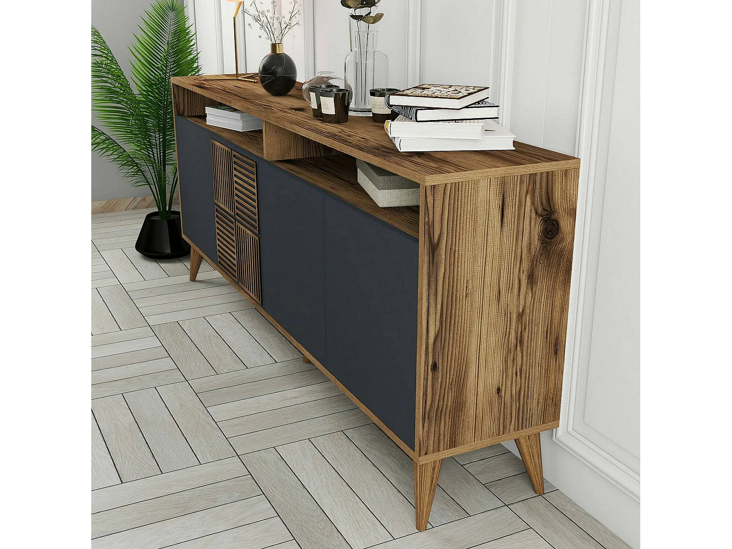 Meuble TV Virgo, Buffet de salon, Armoire basse pour TV, Base murale de rangement, 180x35 h79 cm, Noyer et Anthracite
