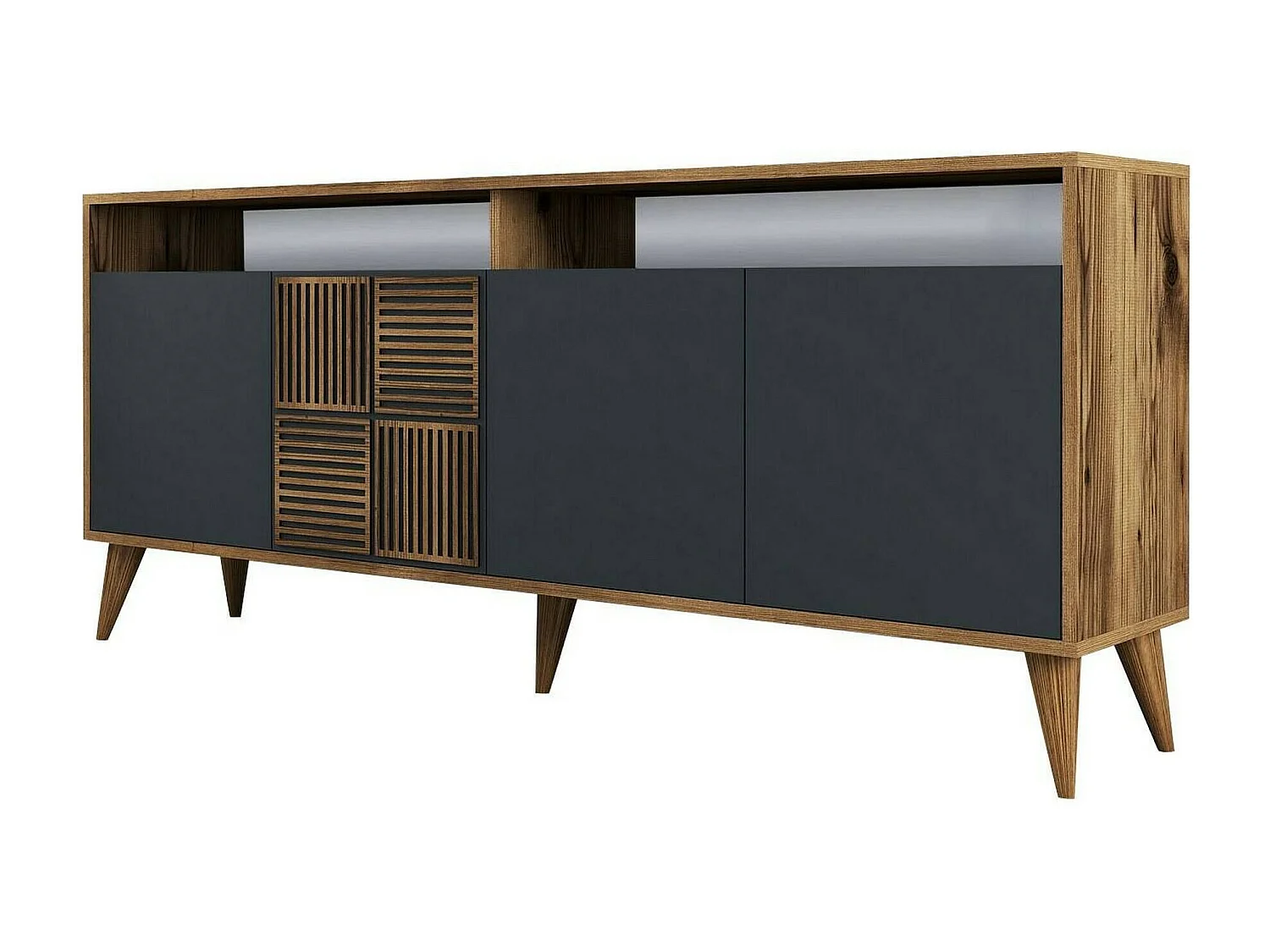 Meuble TV Virgo, Buffet de salon, Armoire basse pour TV, Base murale de rangement, 180x35 h79 cm, Noyer et Anthracite