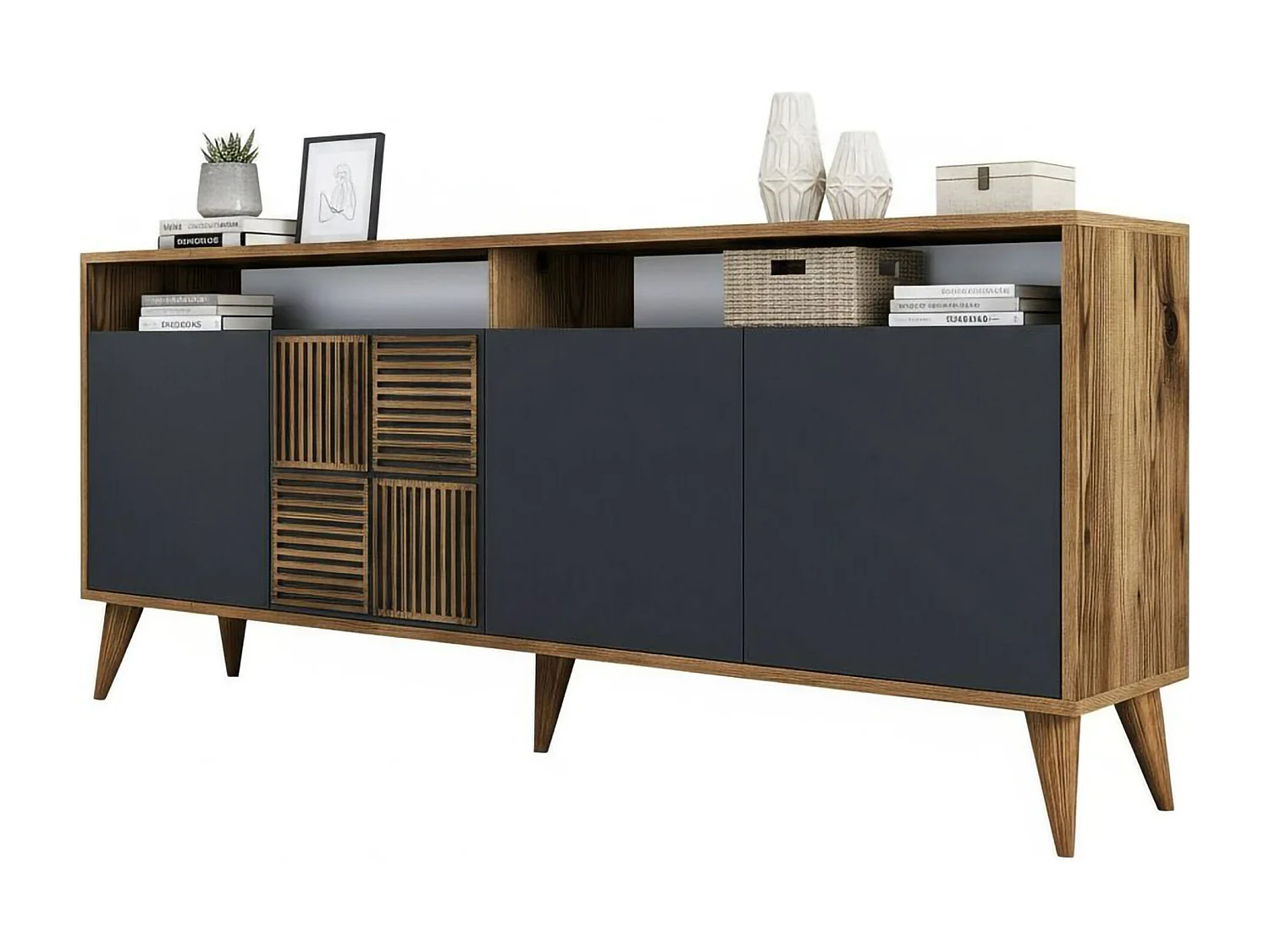 Mueble de televisión Dpogg, Aparador de salón, Mueble bajo para TV, Base de pared equipada, 180x35 h79 cm, Nogal y Antracita