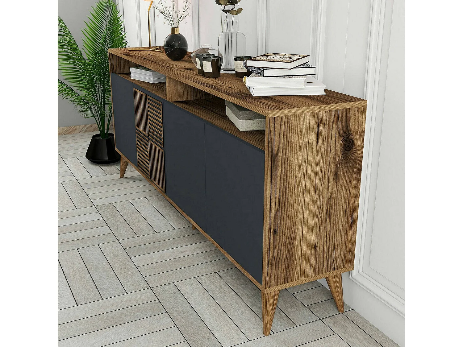 Meuble TV Virgo, Buffet de salon, Armoire basse pour TV, Base murale de rangement, 180x35 h79 cm, Noyer et Anthracite