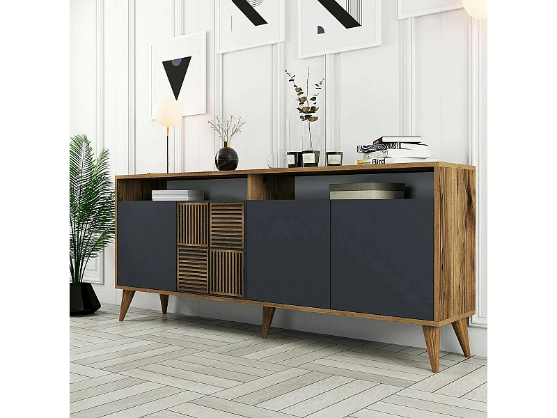 Meuble TV Virgo, Buffet de salon, Armoire basse pour TV, Base murale de rangement, 180x35 h79 cm, Noyer et Anthracite