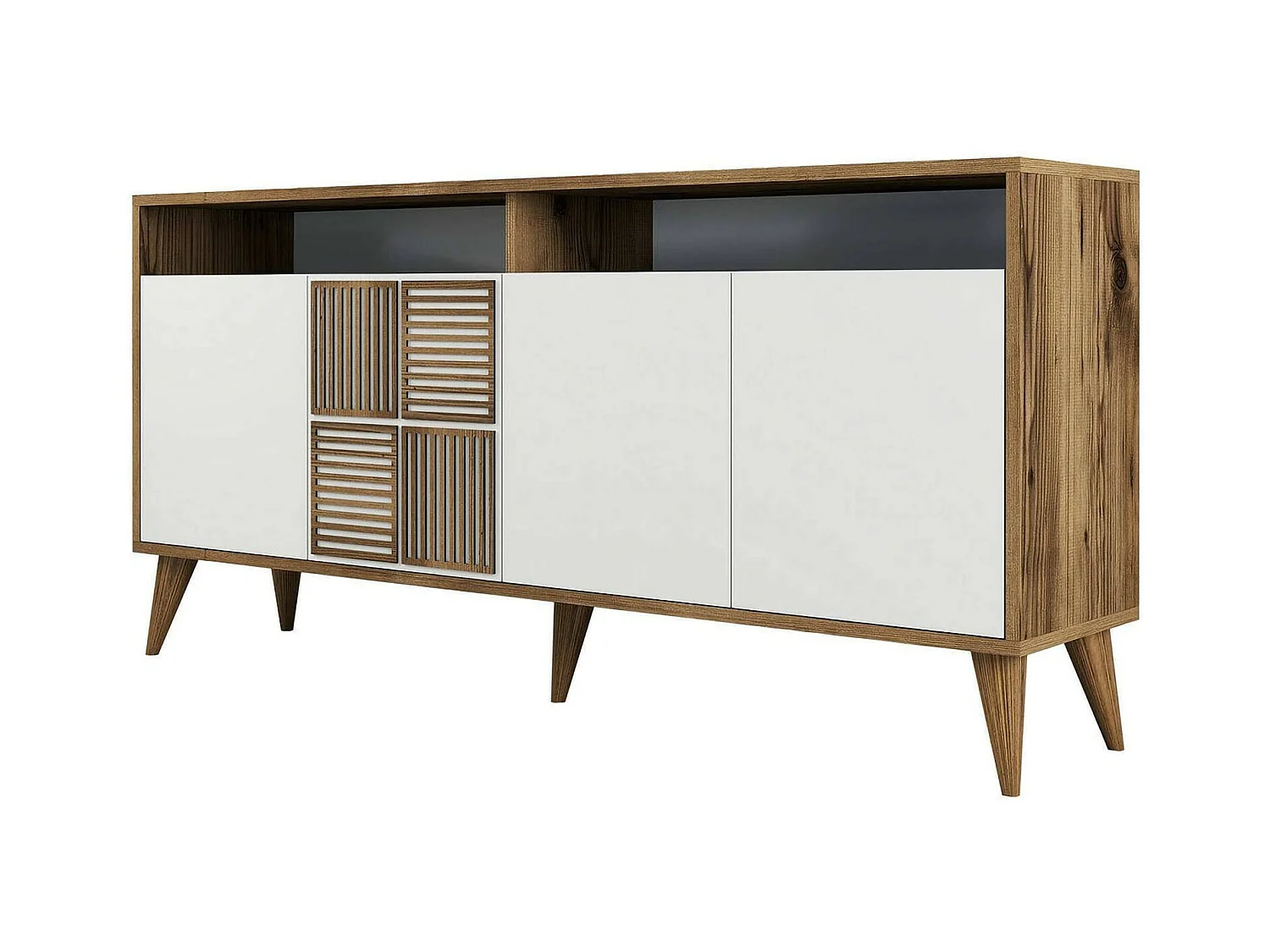 Meuble TV Scorpio, Buffet de salon, Armoire basse pour TV, Base murale de rangement, 160x35 h79 cm, Noyer et Blanc