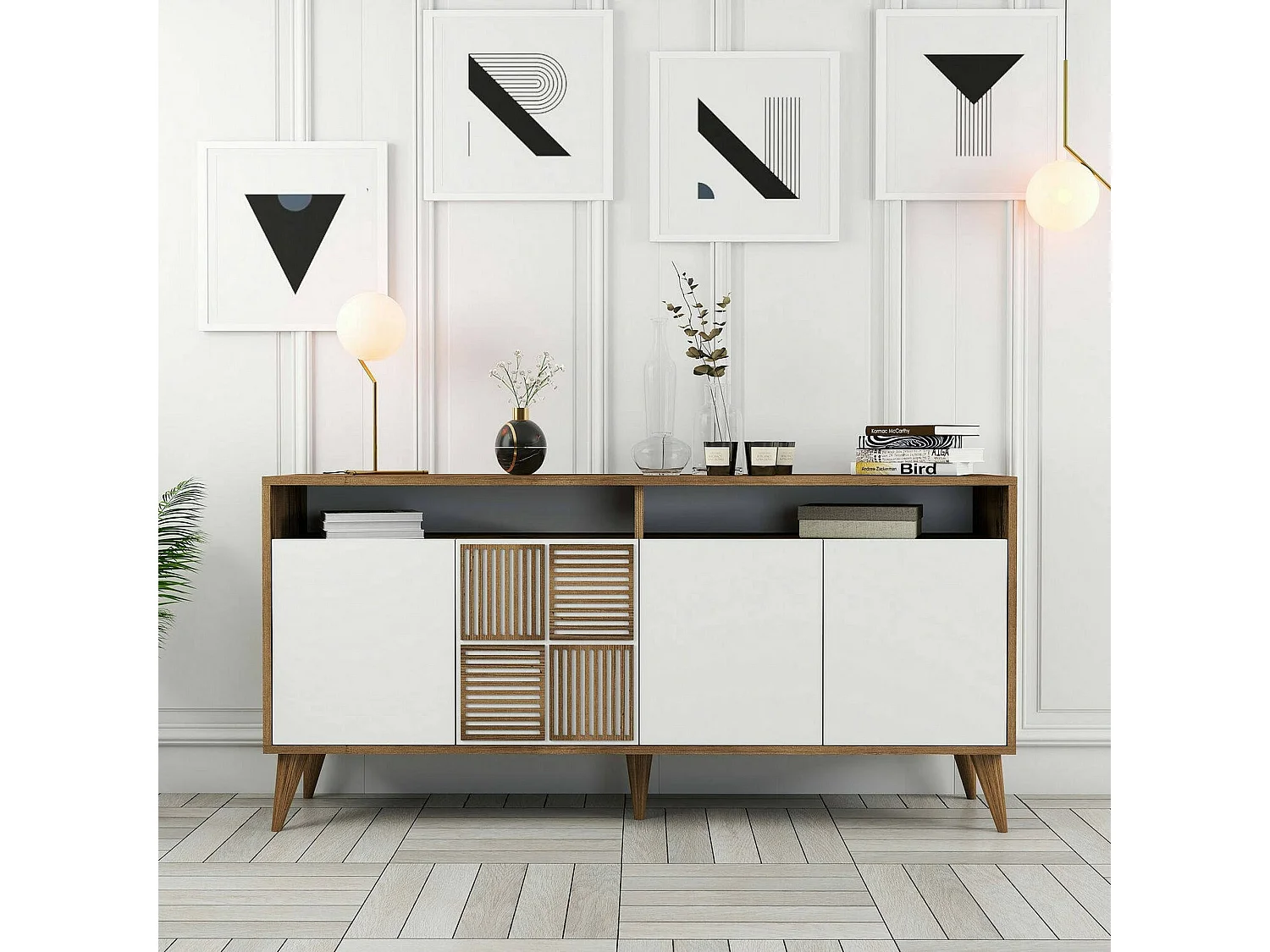 Fernsehschrank Dpiccion, Ständer für Wohnzimmerfernseher, Niedriges Wohnzimmer-Sideboard, TV-Ständerbasis, 160x35 h79 cm, Walnuss und WeiÃŸ