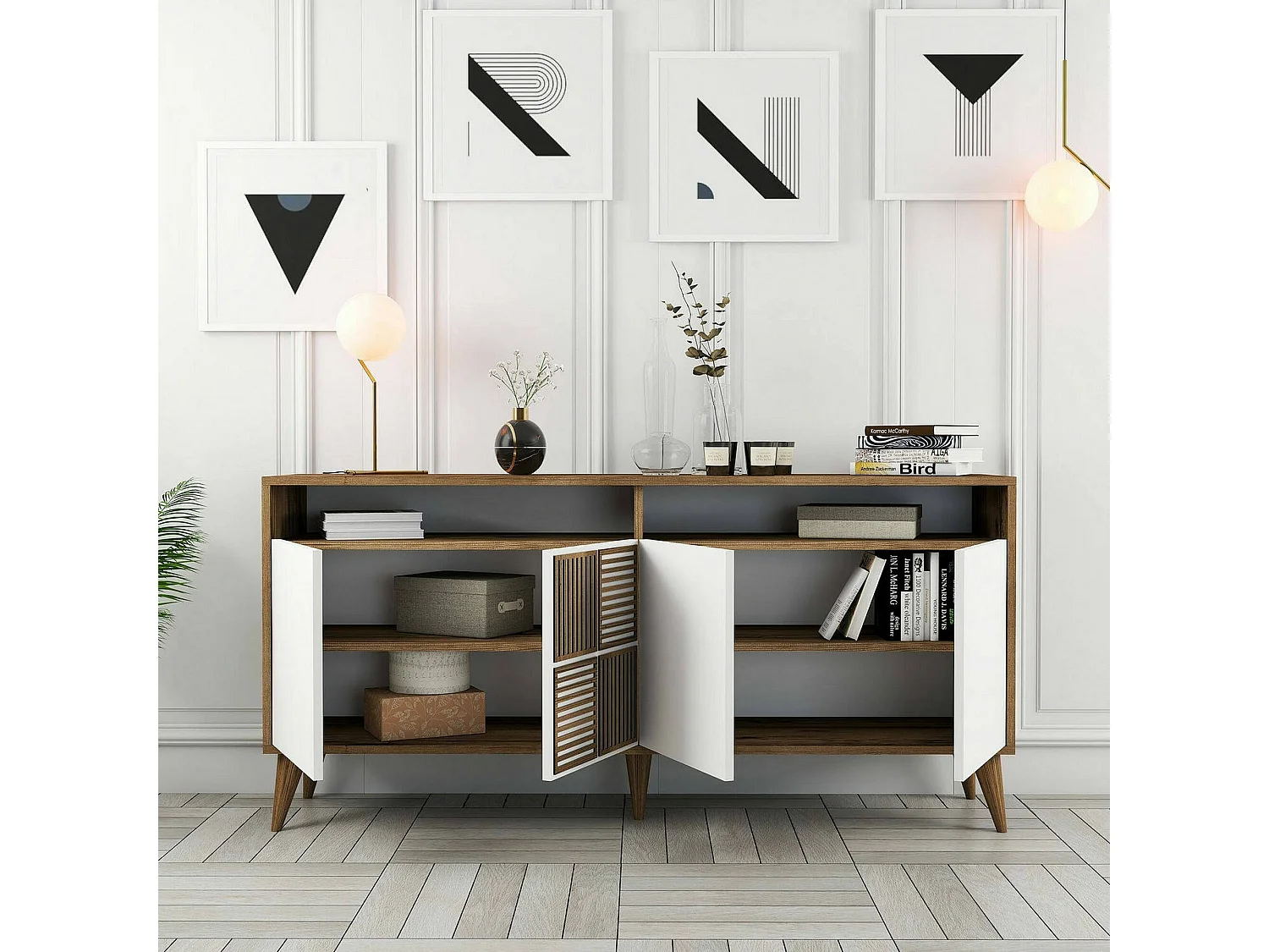 Fernsehschrank Dpiccion, Ständer für Wohnzimmerfernseher, Niedriges Wohnzimmer-Sideboard, TV-Ständerbasis, 160x35 h79 cm, Walnuss und WeiÃŸ