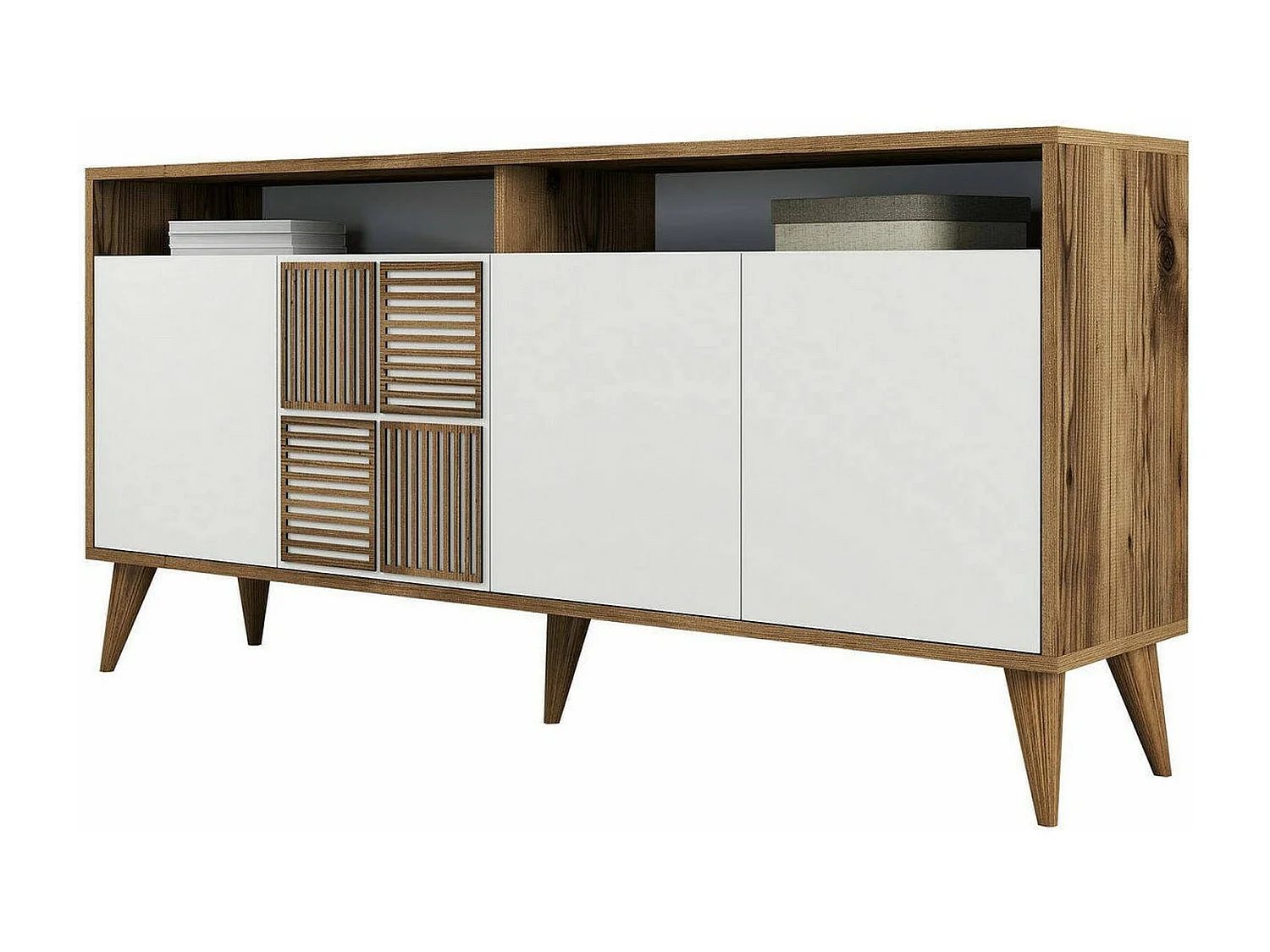 Fernsehschrank Dpiccion, Ständer für Wohnzimmerfernseher, Niedriges Wohnzimmer-Sideboard, TV-Ständerbasis, 160x35 h79 cm, Walnuss und WeiÃŸ