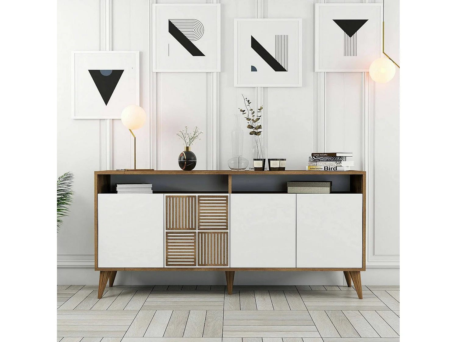 Fernsehschrank Dpiccion, Ständer für Wohnzimmerfernseher, Niedriges Wohnzimmer-Sideboard, TV-Ständerbasis, 160x35 h79 cm, Walnuss und WeiÃŸ