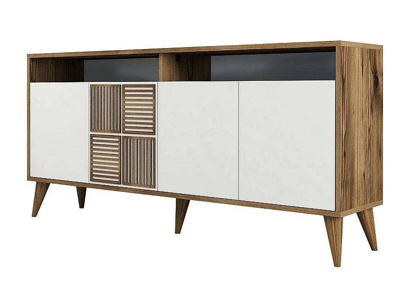 Mueble de televisión Dpiccion, Aparador de salón, Mueble bajo para TV, Base de pared equipada, 160x35 h79 cm, Nogal y Blanco