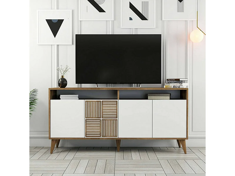 Suporte de TV DpIccion, Aparador de sala, Armário de TV baixo, Base de parede equipada, 160x35 h79 cm, Nogueira e Branco