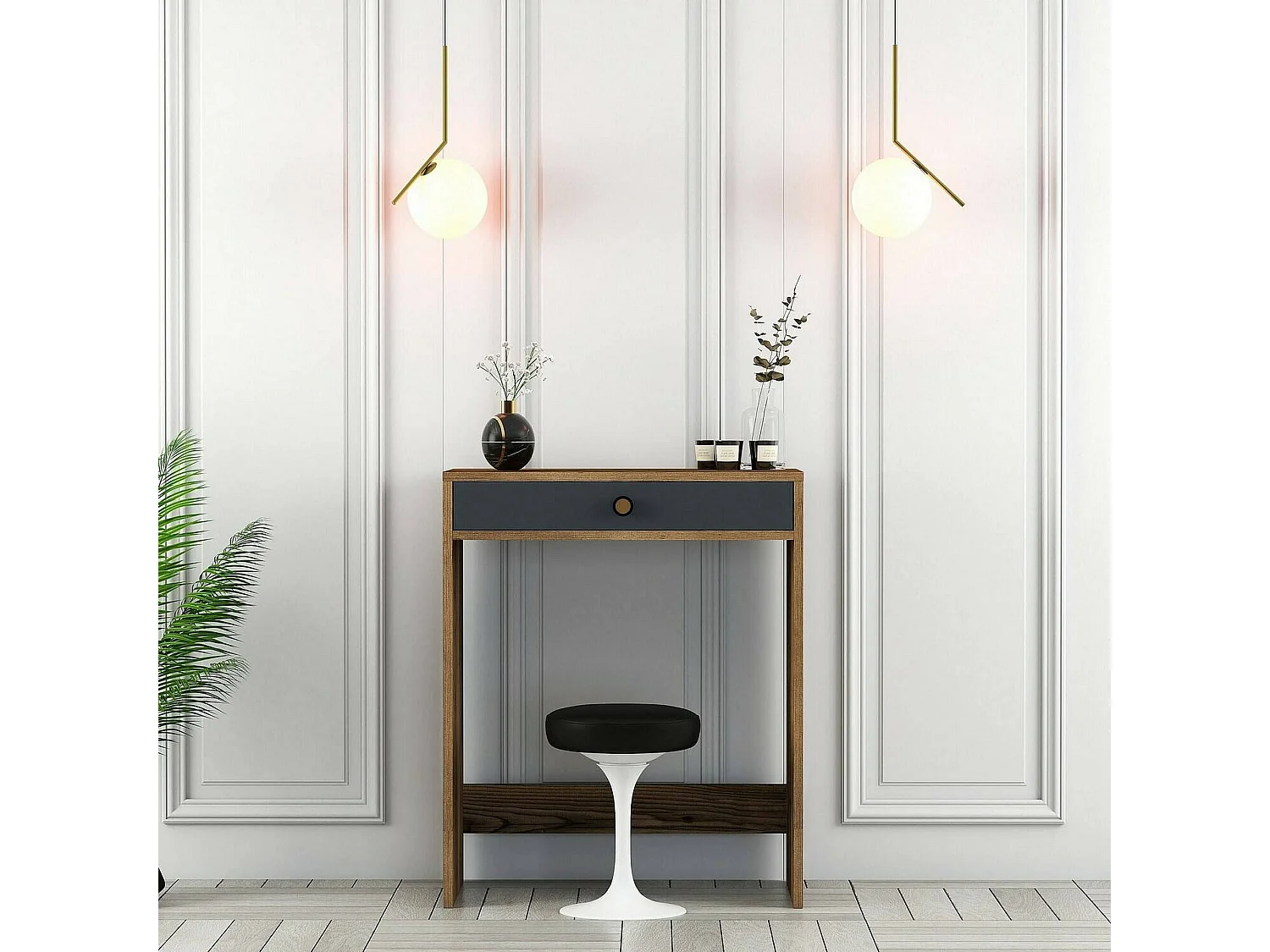 Console Solstice, Table polyvalente, Armoire de rangement, Bureau du couloir, 70x85 h40 cm, Noyer et Anthracite