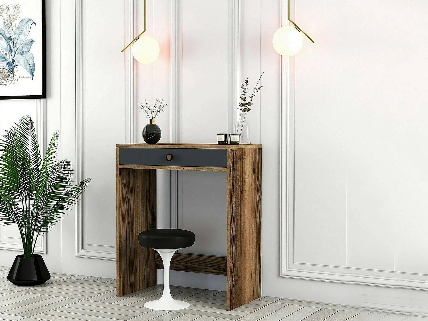 Console Solstice, Table polyvalente, Armoire de rangement, Bureau du couloir, 70x85 h40 cm, Noyer et Anthracite