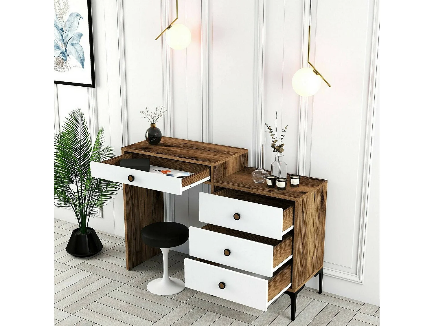 Console Lyra, Table polyvalente, Armoire de rangement, Bureau du couloir, 124x40 h85 cm, Noyer et Blanc
