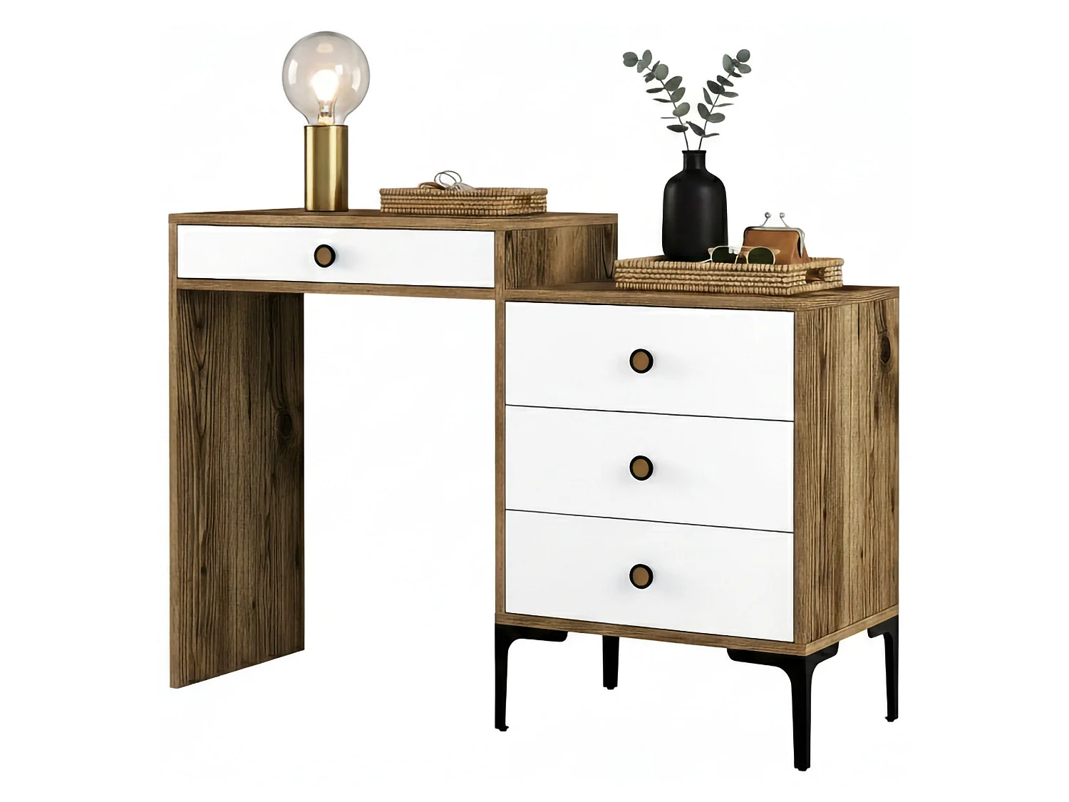 Console Lyra, Table polyvalente, Armoire de rangement, Bureau du couloir, 124x40 h85 cm, Noyer et Blanc