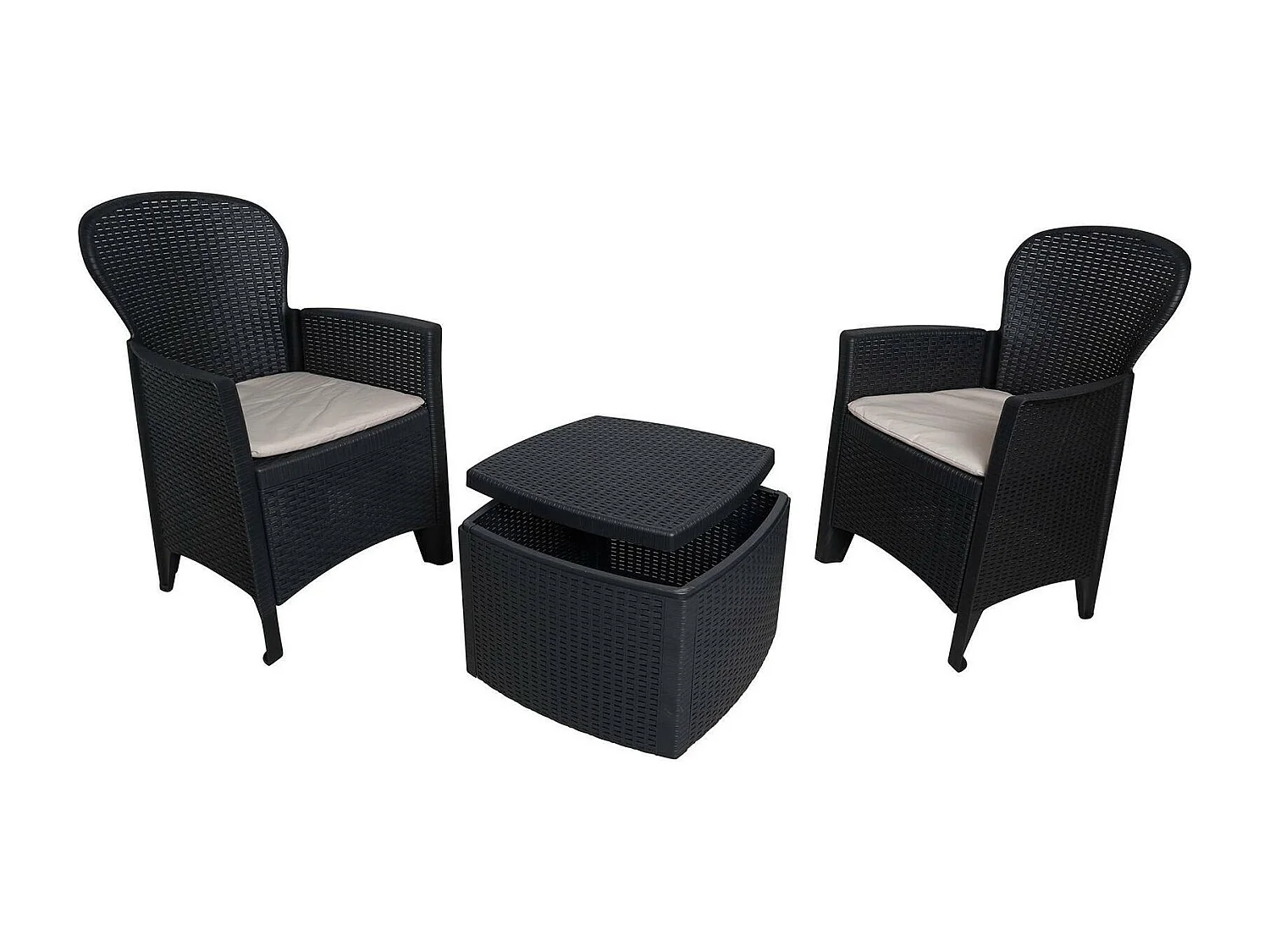Set salon dÂ'extérieur Napoli, Salon de jardin composé de 2 fauteuils et 1 table conteneur, Salon effet rotin, 100% Made in Italy, Anthracite