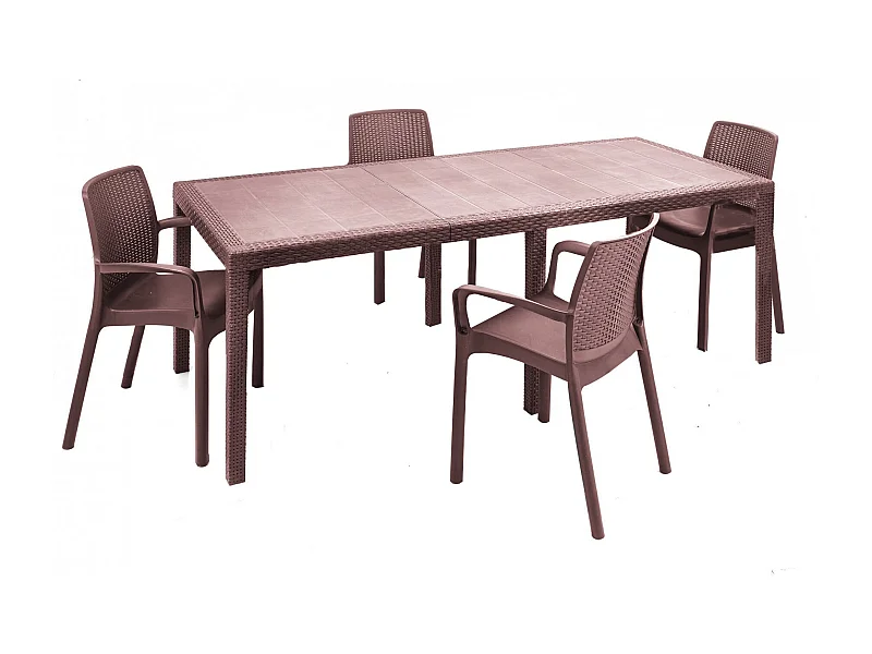 Salón de exterior Arret, Mesa extensible de exterior con 4 sillas, mesa y asientos de jardín efecto ratán, 100% Made in Italy, Marrón