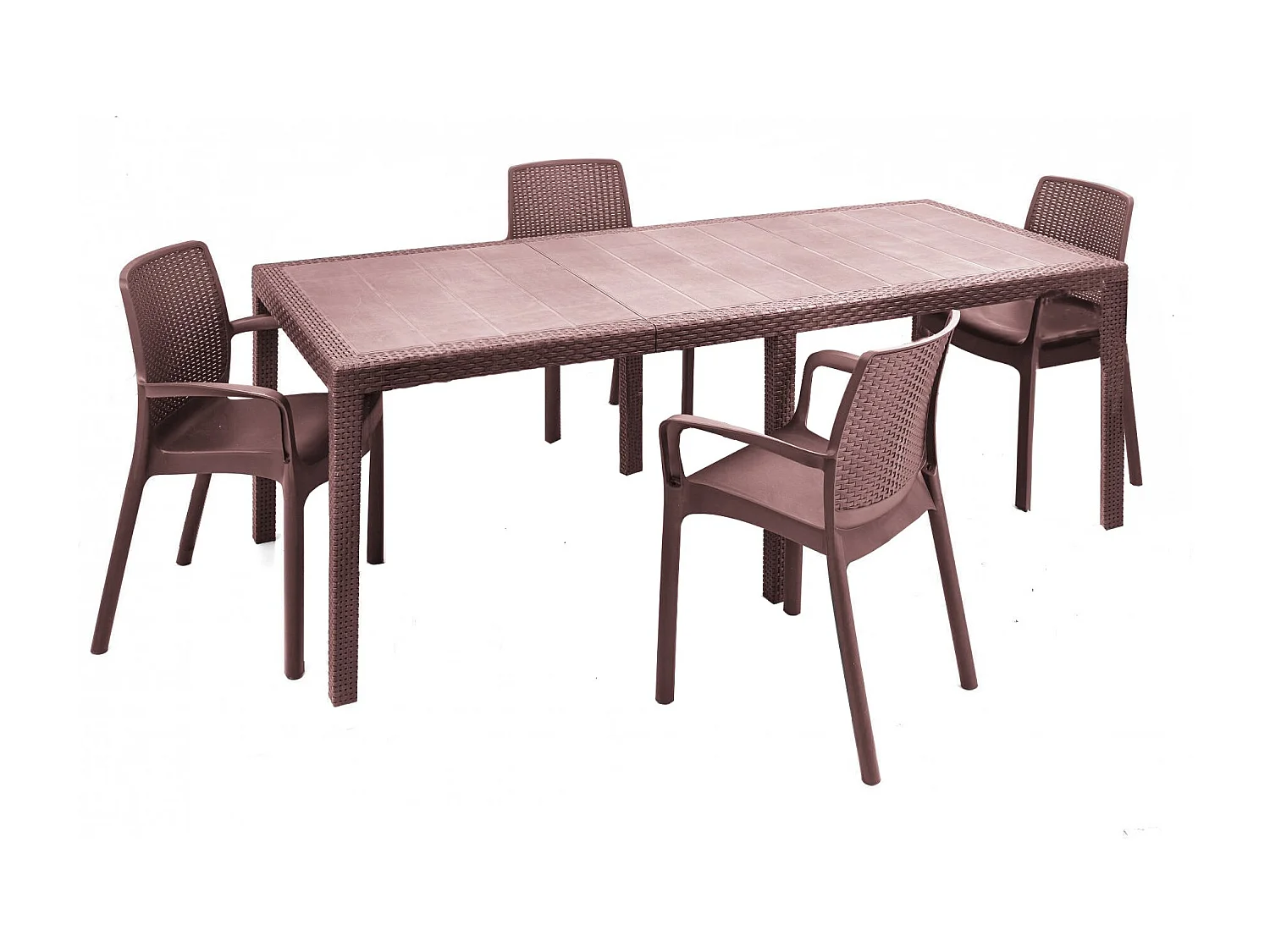 Salón de exterior Arret, Mesa extensible de exterior con 4 sillas, mesa y asientos de jardín efecto ratán, 100% Made in Italy, Marrón