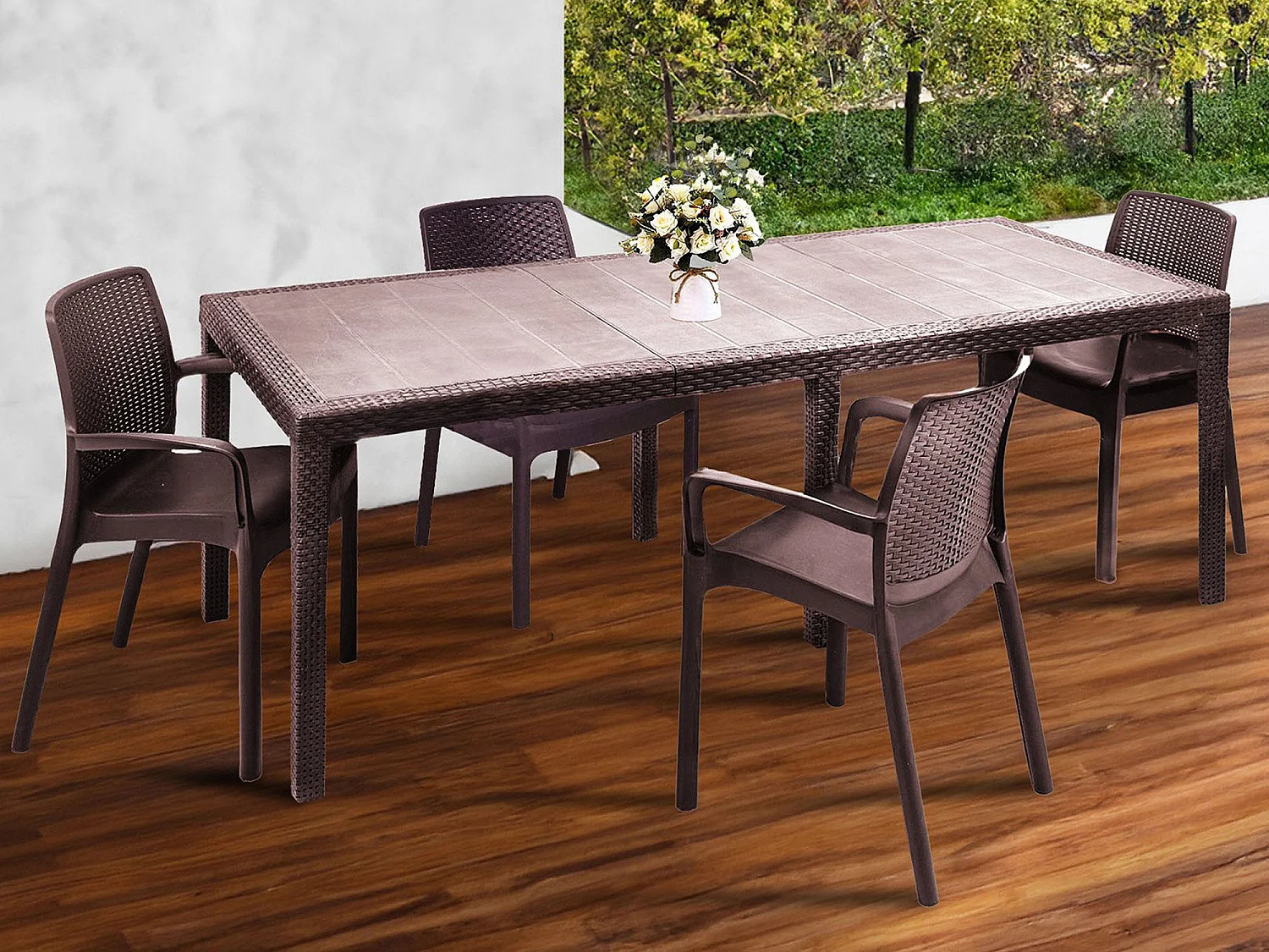Ensemble table et chaises Manarola, table et sièges de jardin effet rotin, 100% Made in Italy, marron
