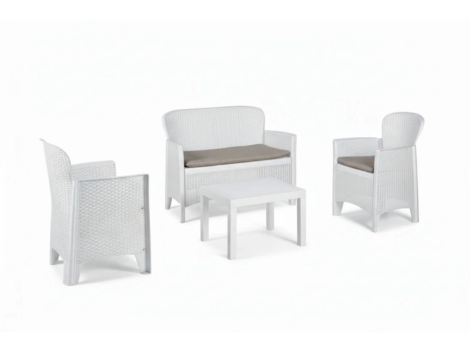 Set alon d'extérieur Otuni, Salon de jardin compoé de 2 fauteuil, 1 canapé et 1 table bae, Coin alon effet rotin avec couin, 100% Made in Italy, Blanc