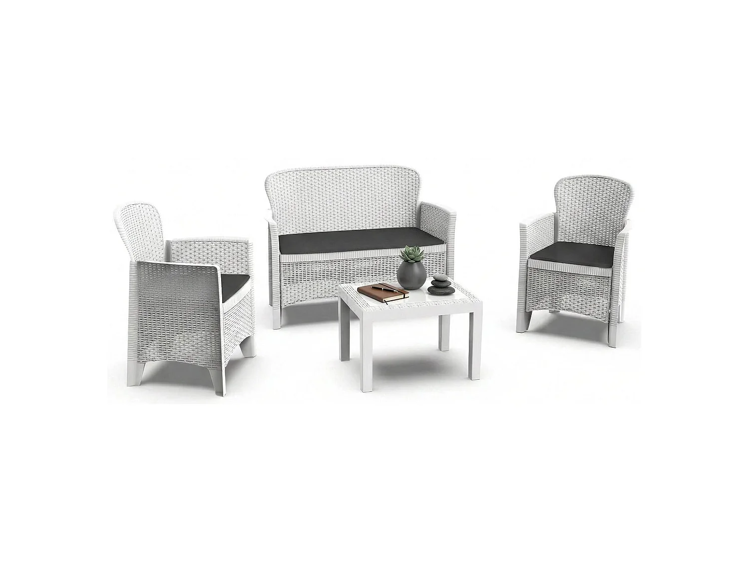 Set salon d'extérieur Ostuni, Salon de jardin composé de 2 fauteuils, 1 canapé et 1 table basse, Coin salon effet rotin avec coussins, 100% Made in Italy, Blanc
