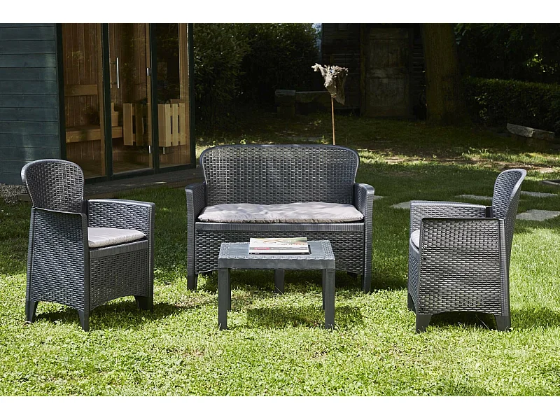 Outdoor-Lounge-Set Debois, Gartengarnitur mit 2 Sesseln, 1 Sofa und 1 Couchtisch, Sitzecke in Rattan-Optik mit Kissen, 100 % Made in Italy, Anthrazit