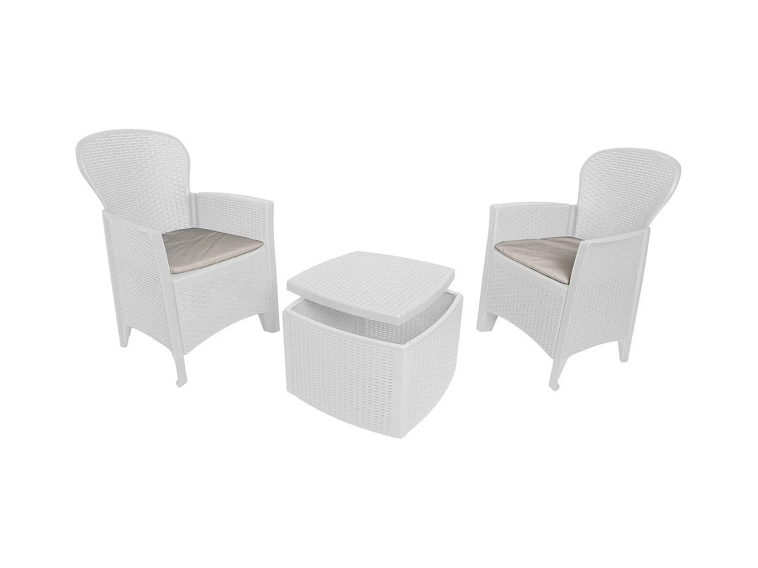 Set salon dÂ'extérieur Napoli, Salon de jardin composé de 2 fauteuils et 1 table conteneur, Salon effet rotin, 100% Made in Italy, Blanc