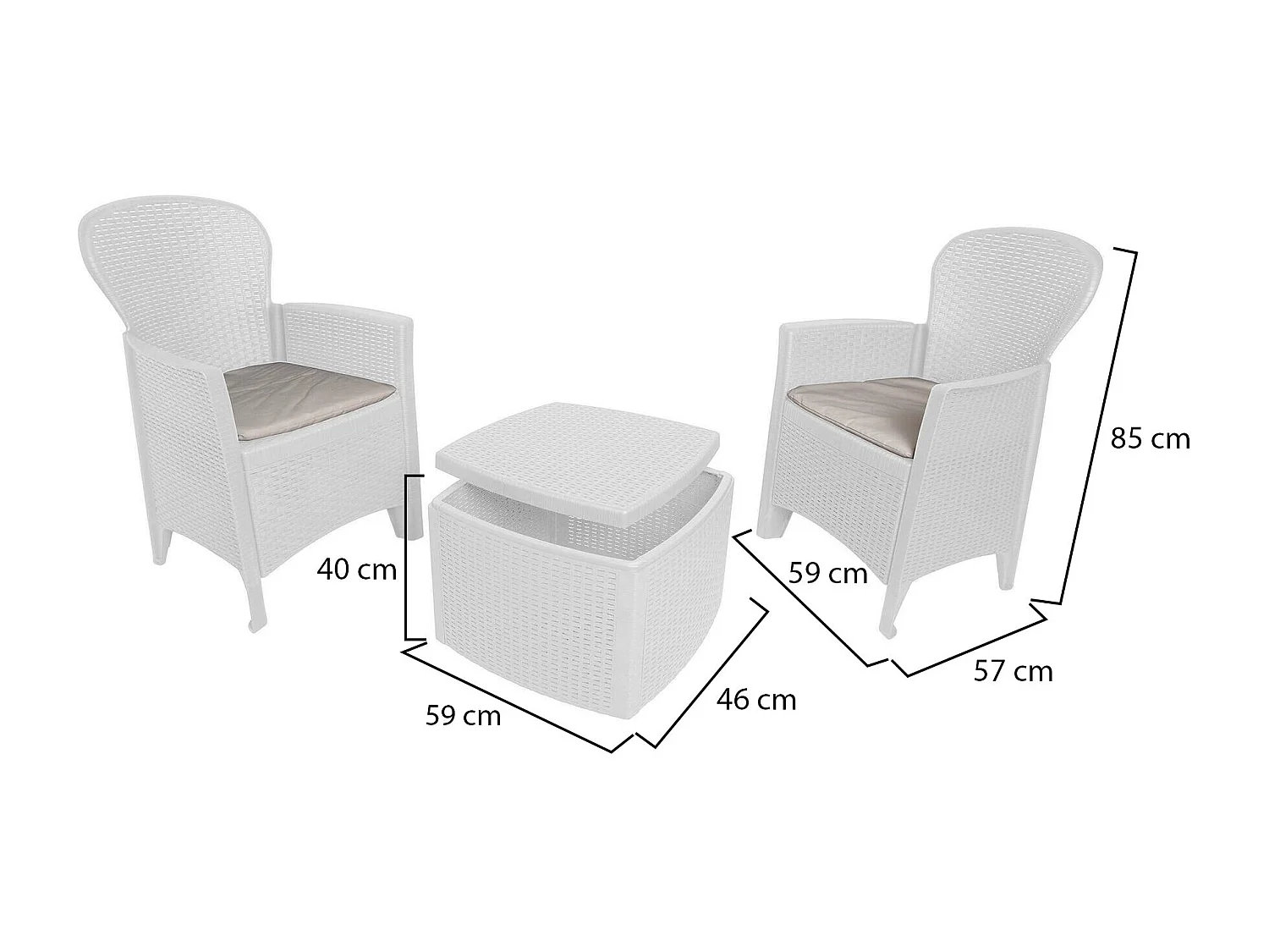 Set salon dÂ'extérieur Napoli, Salon de jardin composé de 2 fauteuils et 1 table conteneur, Salon effet rotin, 100% Made in Italy, Blanc