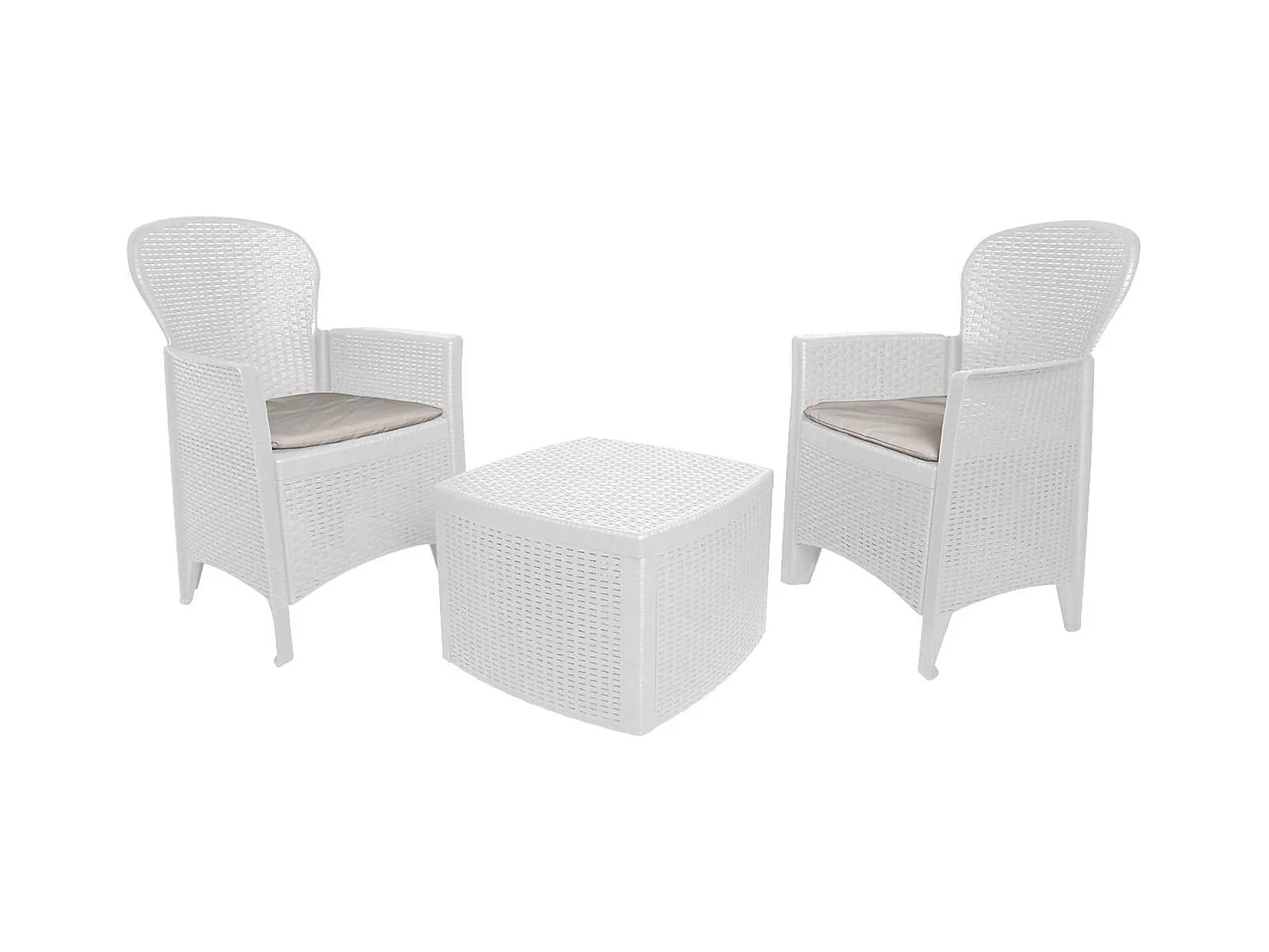 Set salon dÂ'extérieur Napoli, Salon de jardin composé de 2 fauteuils et 1 table conteneur, Salon effet rotin, 100% Made in Italy, Blanc