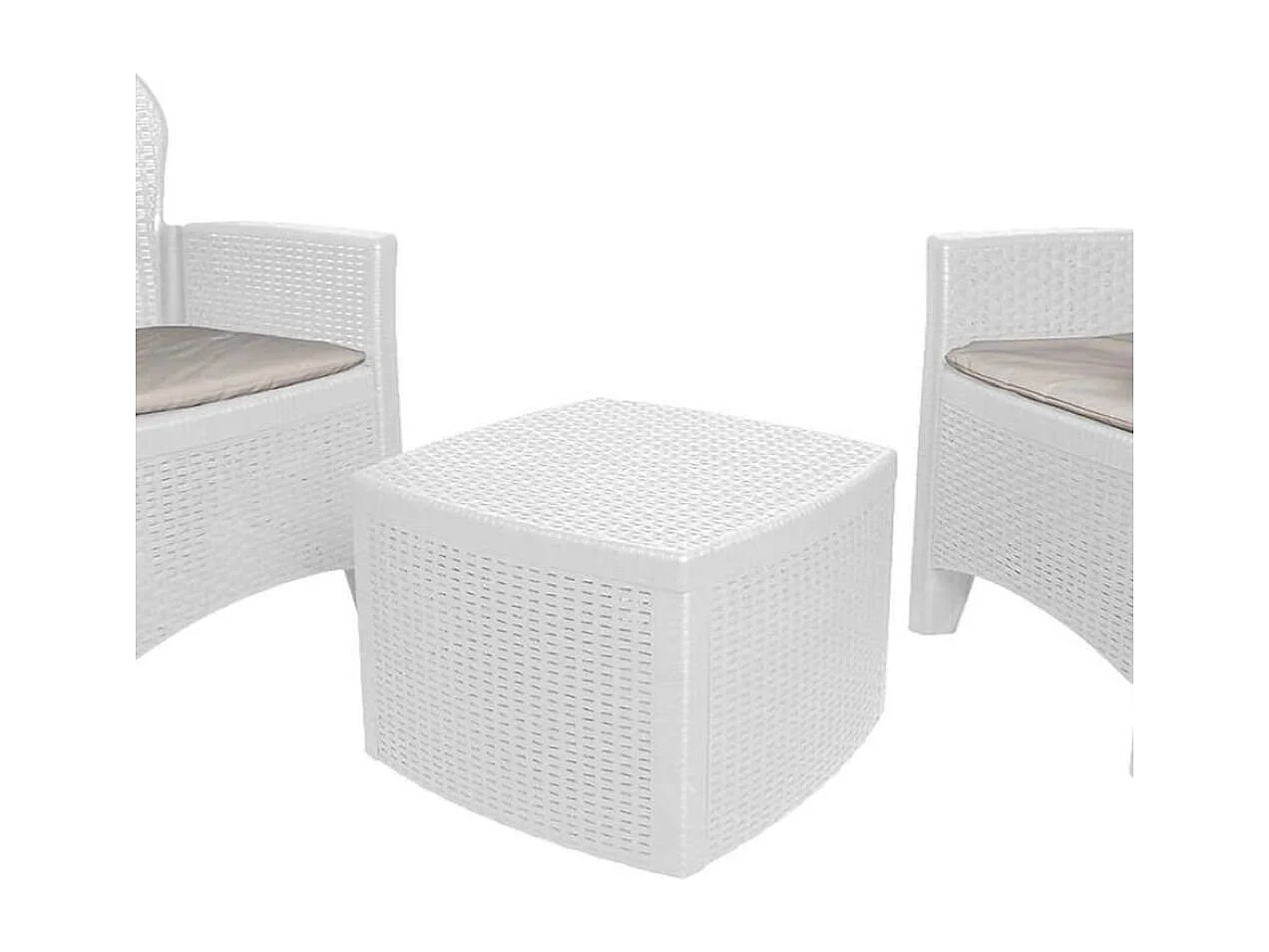 Set salon dÂ'extérieur Napoli, Salon de jardin composé de 2 fauteuils et 1 table conteneur, Salon effet rotin, 100% Made in Italy, Blanc