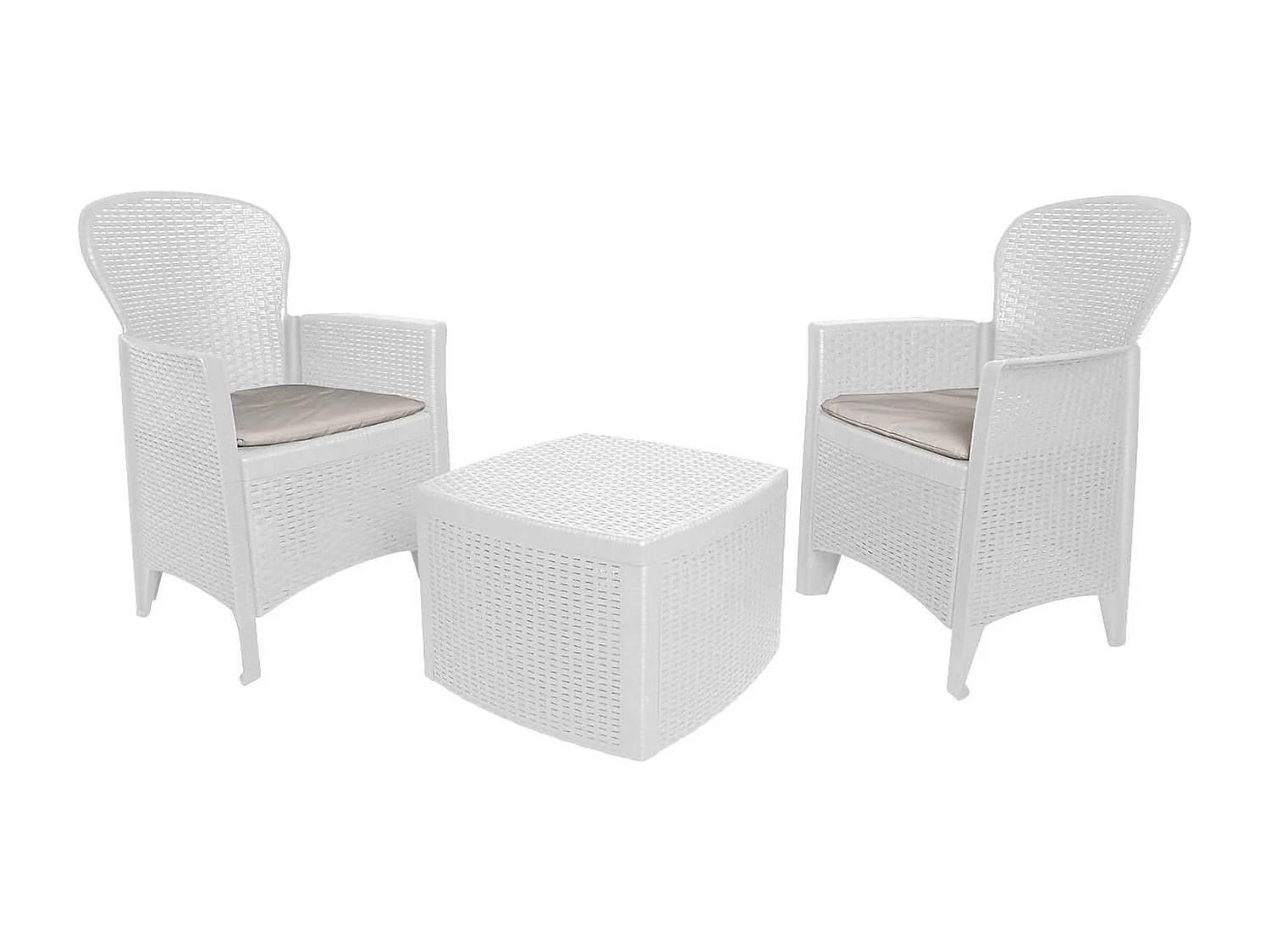 Dakain buiten woonkamer set, Tuin set met 2 fauteuils en 1 container salontafel, Rotan effect woonkamer, 100% Made in Italy, Wit