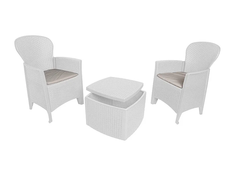 Dakain buiten woonkamer set, Tuin set met 2 fauteuils en 1 container salontafel, Rotan effect woonkamer, 100% Made in Italy, Wit