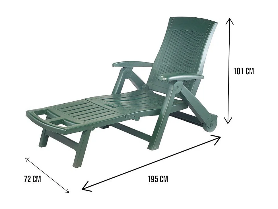 Chaise longue de jardin Livorno, Chaise longue de jardin réglable avec roulettes, Chaise longue d'extérieur, 100% Made in Italy, 195x72h101 cm, Vert