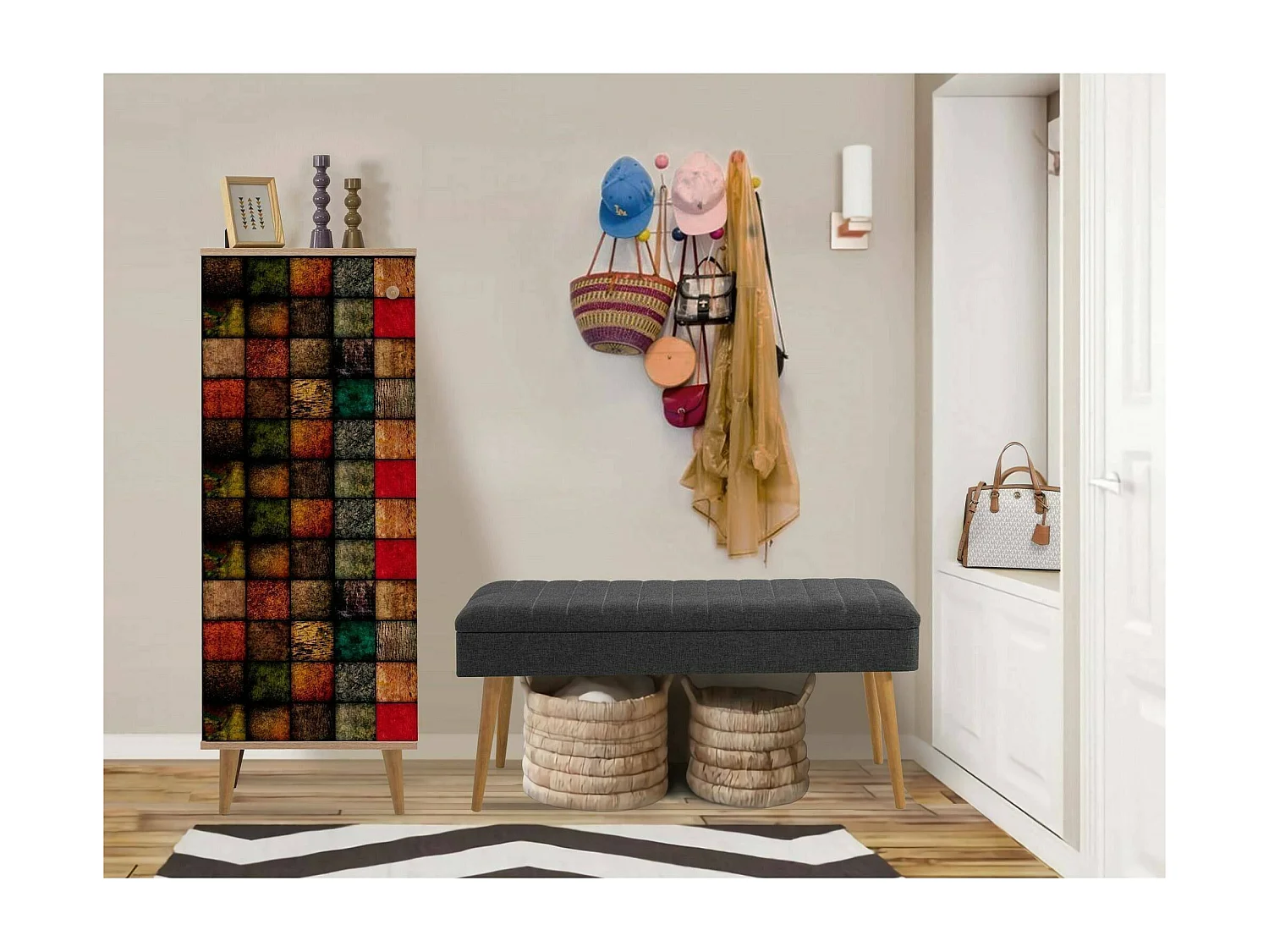 Armário de entrada Dgallett, Entrada de cabide, Composição para átrio, Console de armazenamento multifuncional, 50x38h135 cm, Carvalho e Antracite