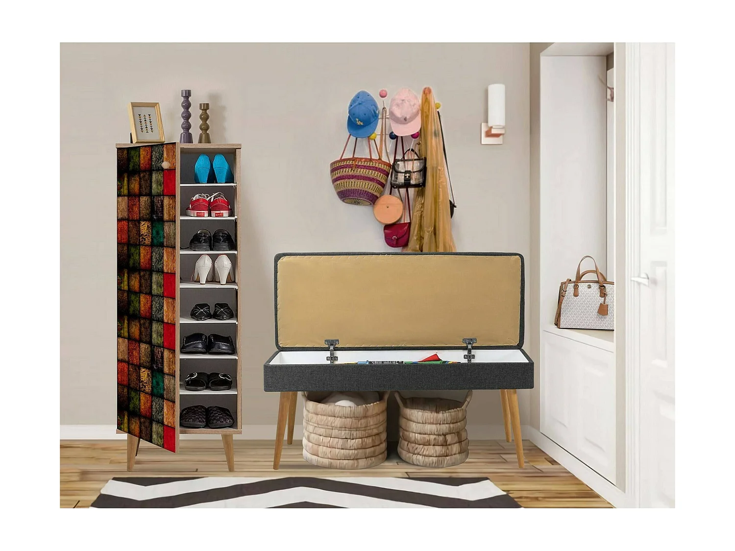 Armário de entrada Dgallett, Entrada de cabide, Composição para átrio, Console de armazenamento multifuncional, 50x38h135 cm, Carvalho e Antracite