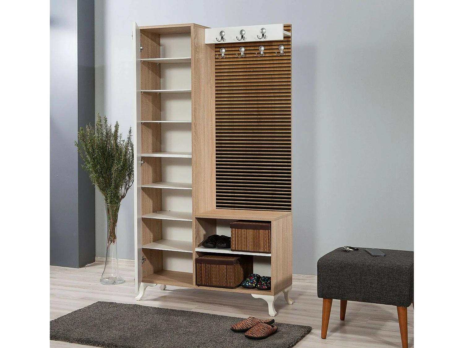 Muebles de entrada Dpontiss, Entrada para perchas, Composición para atrio, Consola de almacenamiento multifunción, 100x36h190 cm, Roble