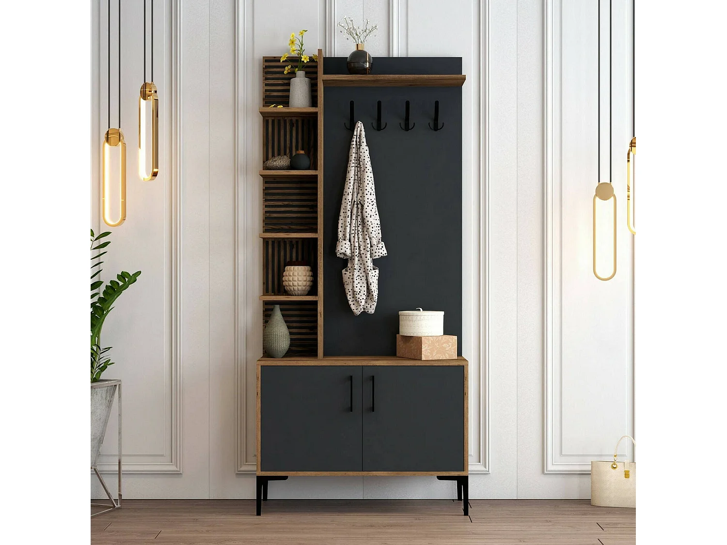 Meuble d'entrée Calista, Crochet d'entrée, Composition pour l'atrium, Console de rangement multifonction, 90x35h200 cm, Noyer et Anthracite
