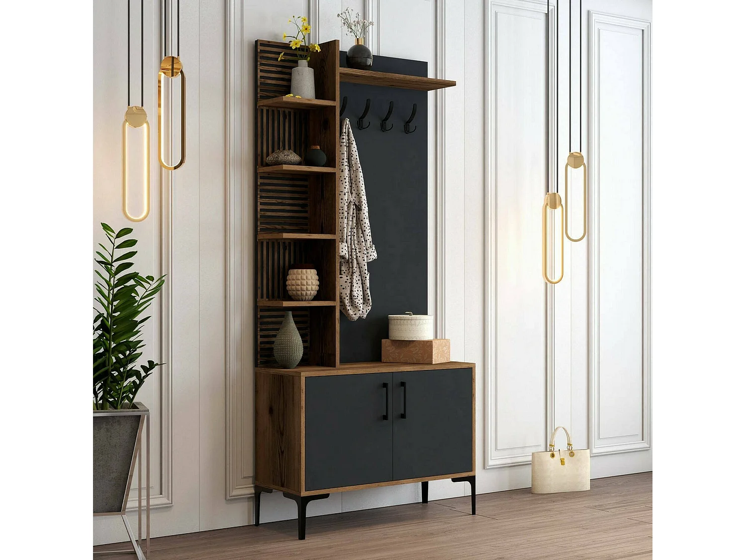 Muebles de entrada Dghilard, Entrada para perchas, Composición para atrio, Consola de almacenamiento multifunción, 90x35h200 cm, Nogal y Antracita