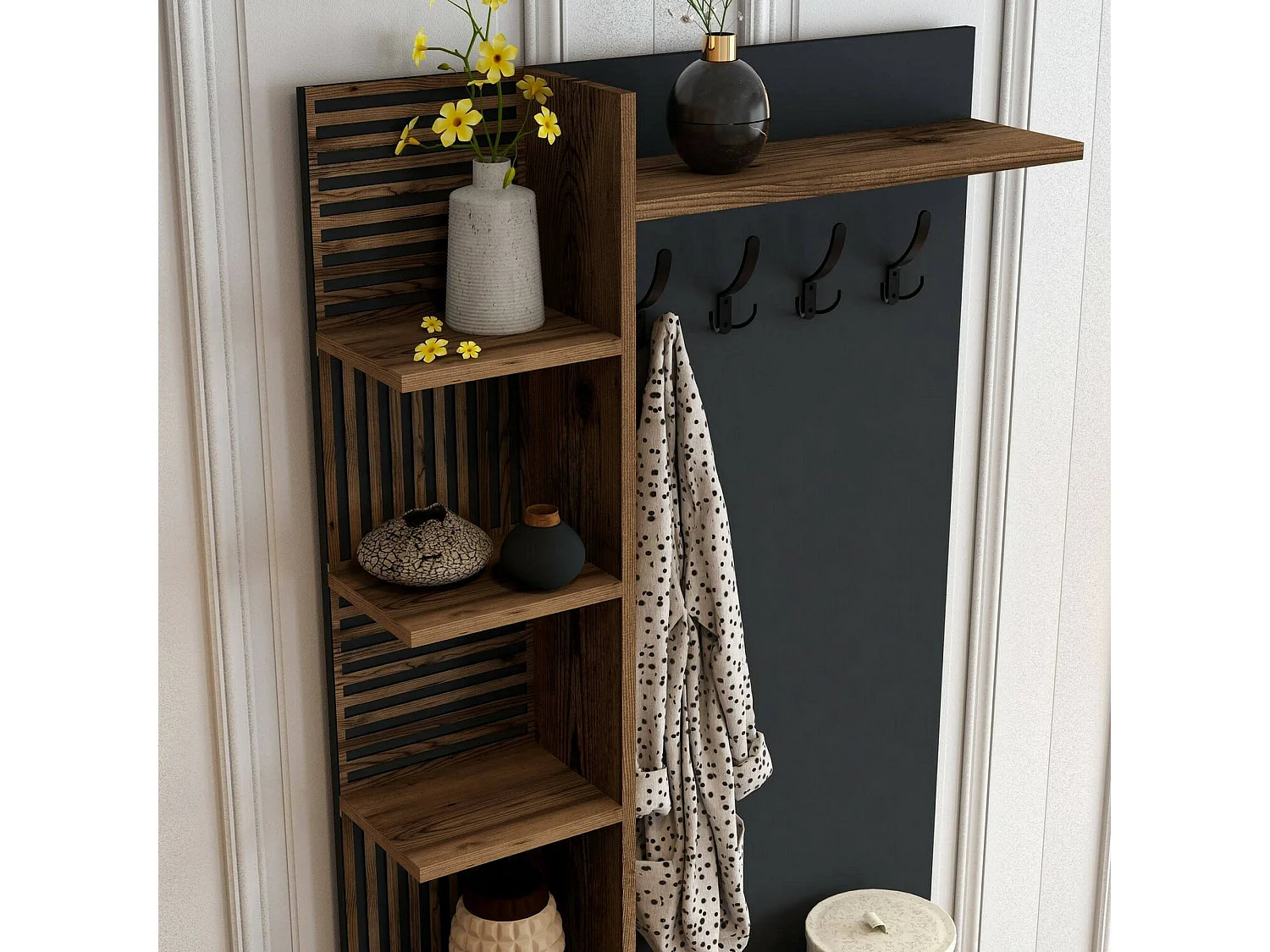 Meuble d'entrée Calista, Crochet d'entrée, Composition pour l'atrium, Console de rangement multifonction, 90x35h200 cm, Noyer et Anthracite