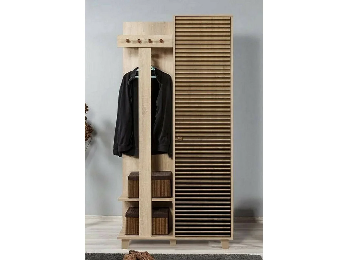 Meuble d'entrée Azhaf, Crochet d'entrée, Composition pour l'atrium, Console de rangement multifonction, 90x36h194 cm, Chêne