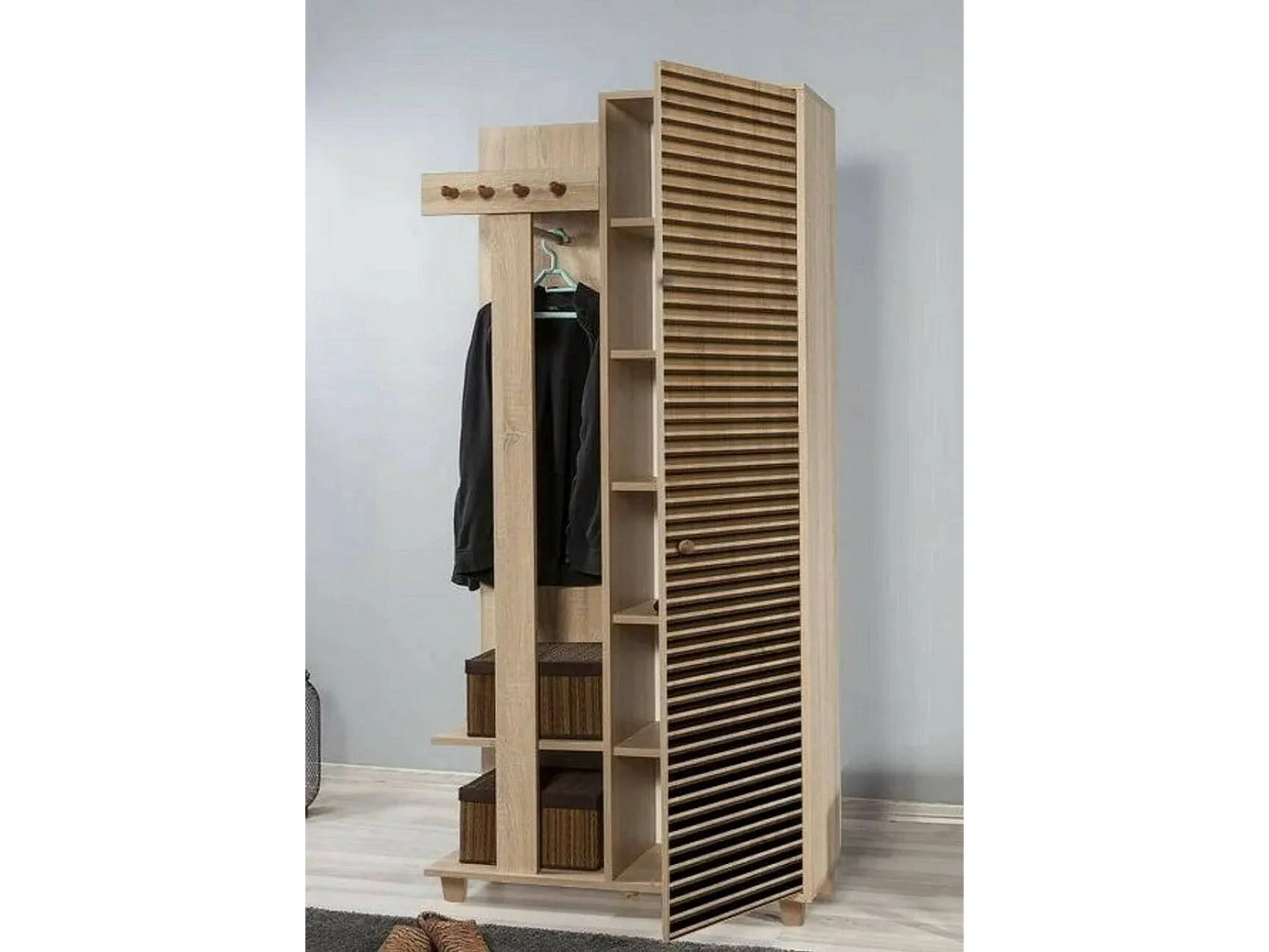 Meuble d'entrée Azhaf, Crochet d'entrée, Composition pour l'atrium, Console de rangement multifonction, 90x36h194 cm, Chêne