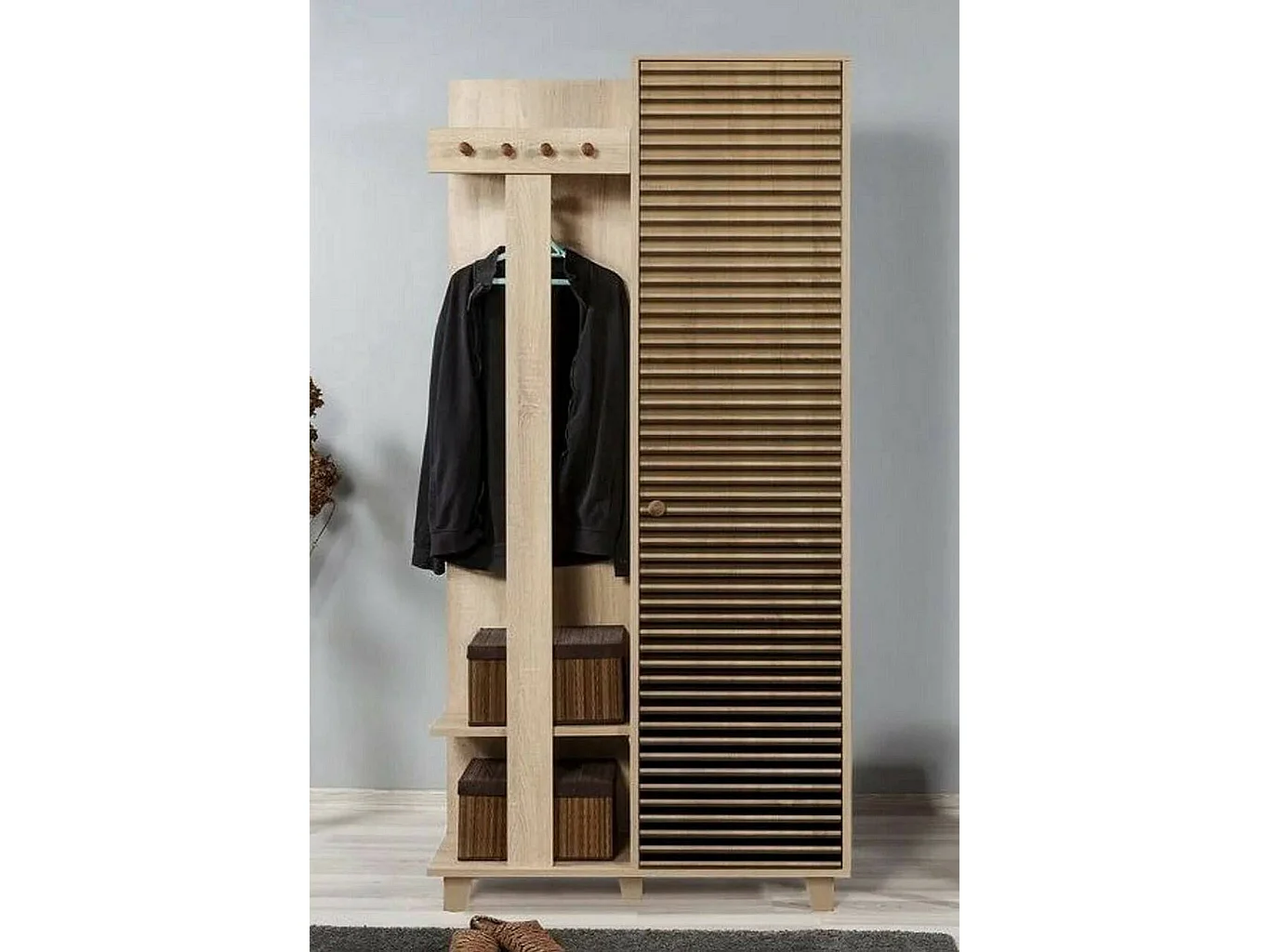 Meuble d'entrée Azhaf, Crochet d'entrée, Composition pour l'atrium, Console de rangement multifonction, 90x36h194 cm, Chêne