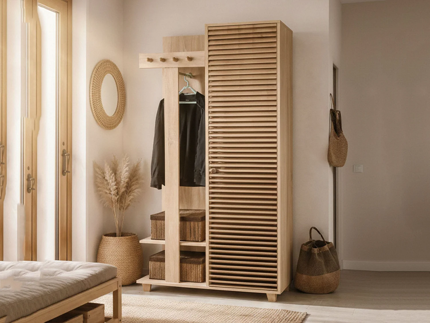 Meuble d'entrée Azhaf, Crochet d'entrée, Composition pour l'atrium, Console de rangement multifonction, 90x36h194 cm, Chêne