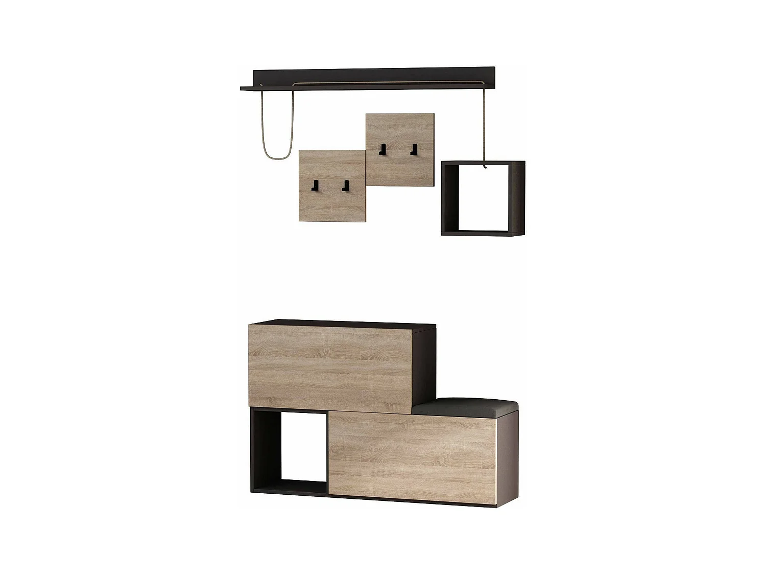 Meuble d'entrée Caph, Crochet d'entrée, Composition pour l'atrium, Console de rangement multifonction, 120x17h76 cm, Anthracite et chêne