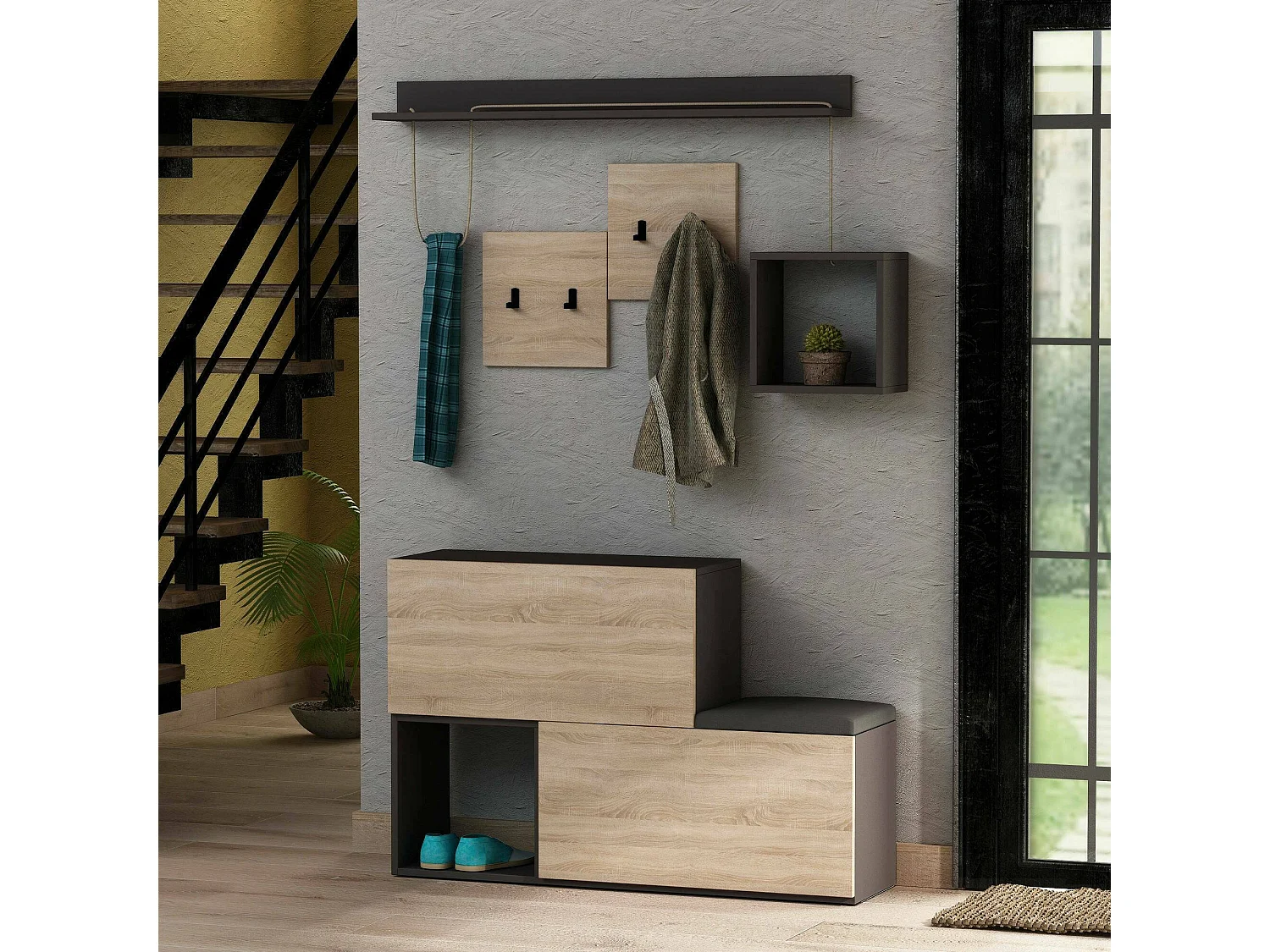 Muebles de entrada Dgiorgin, Entrada para perchas, Composición para atrio, Consola de almacenamiento multifunción, 120x17h76 cm, Antracita y Roble