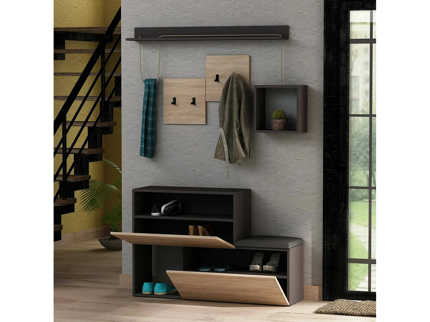 Muebles de entrada Dgiorgin, Entrada para perchas, Composición para atrio, Consola de almacenamiento multifunción, 120x17h76 cm, Antracita y Roble