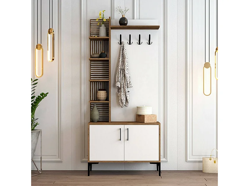 Dghilard Entreemeubel, Inkomhanger, SamenstellingVoor atrium, mpu's, 90x35h200 cm, walnoot en wit