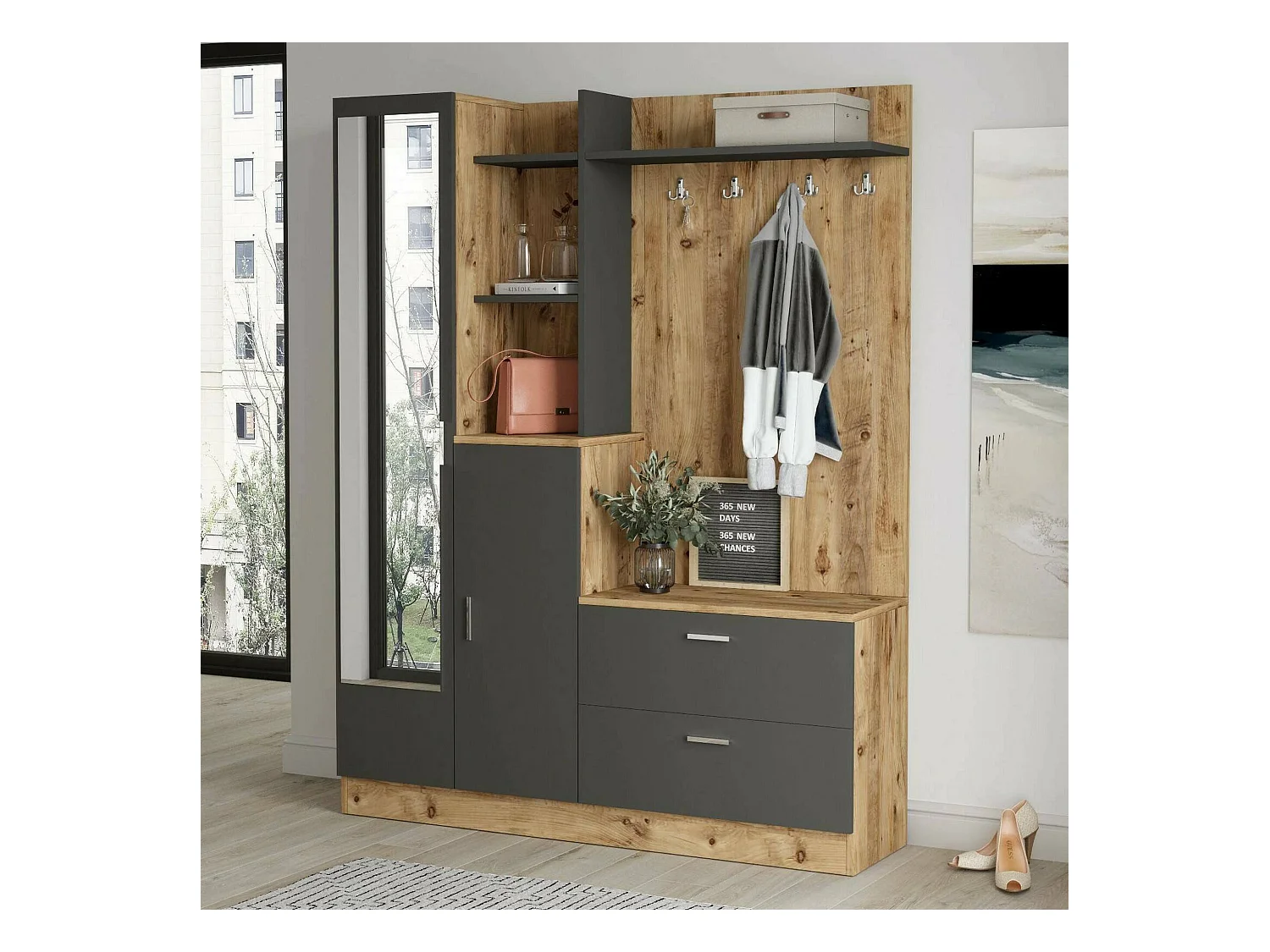 Dmora - Mobile da ingresso Anumali, 140x37h182 cm, Quercia e Antracite