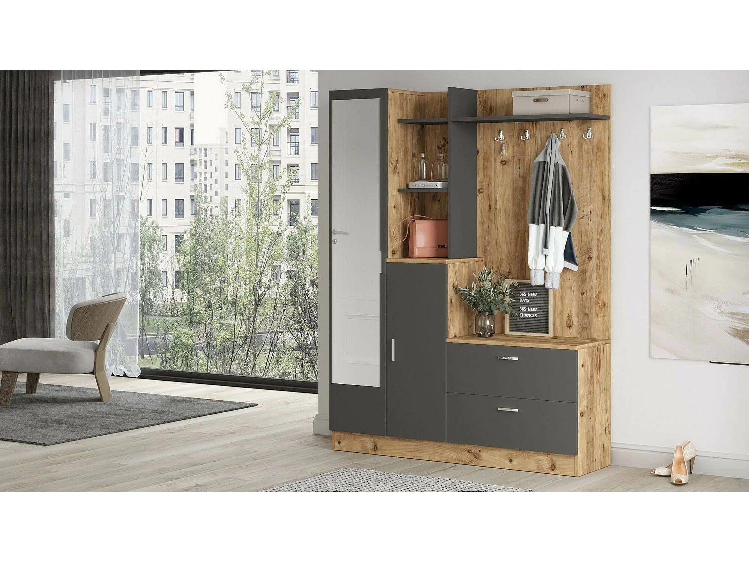 Dmasiell entreekast, Entreehanger, Compositie voor atrium, Console poMultifunctionele opslag, 140x37h182 cm, Eiken en Antraciet