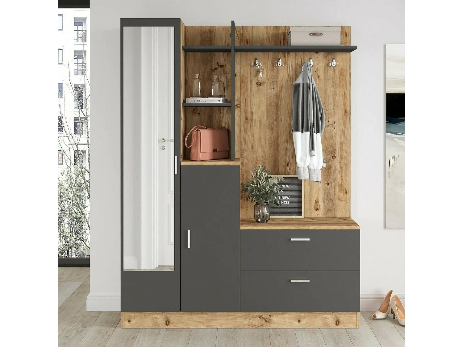 Dmasiell entreekast, Entreehanger, Compositie voor atrium, Console poMultifunctionele opslag, 140x37h182 cm, Eiken en Antraciet