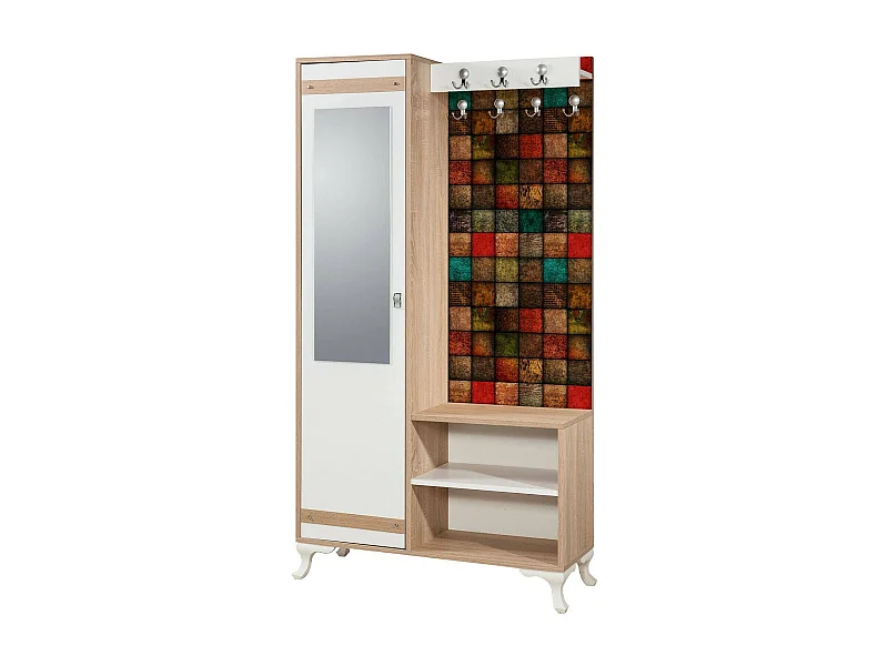 Meuble d'entrée Zephyr, Crochet d'entrée, Composition pour l'atrium, Console de rangement multifonction, 100x36h190 cm, Chêne et Multicolore