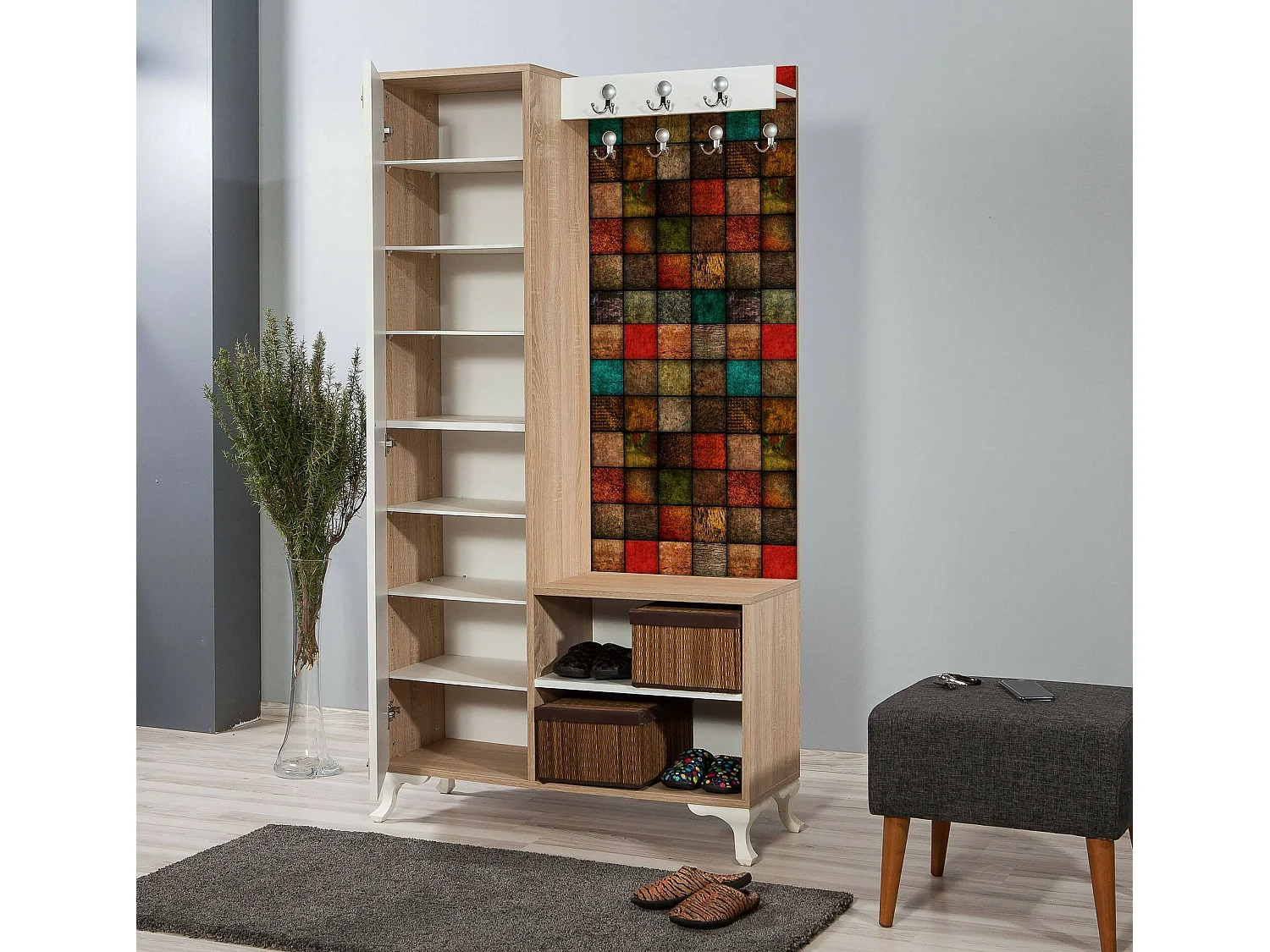 Meuble d'entrée Zephyr, Crochet d'entrée, Composition pour l'atrium, Console de rangement multifonction, 100x36h190 cm, Chêne et Multicolore